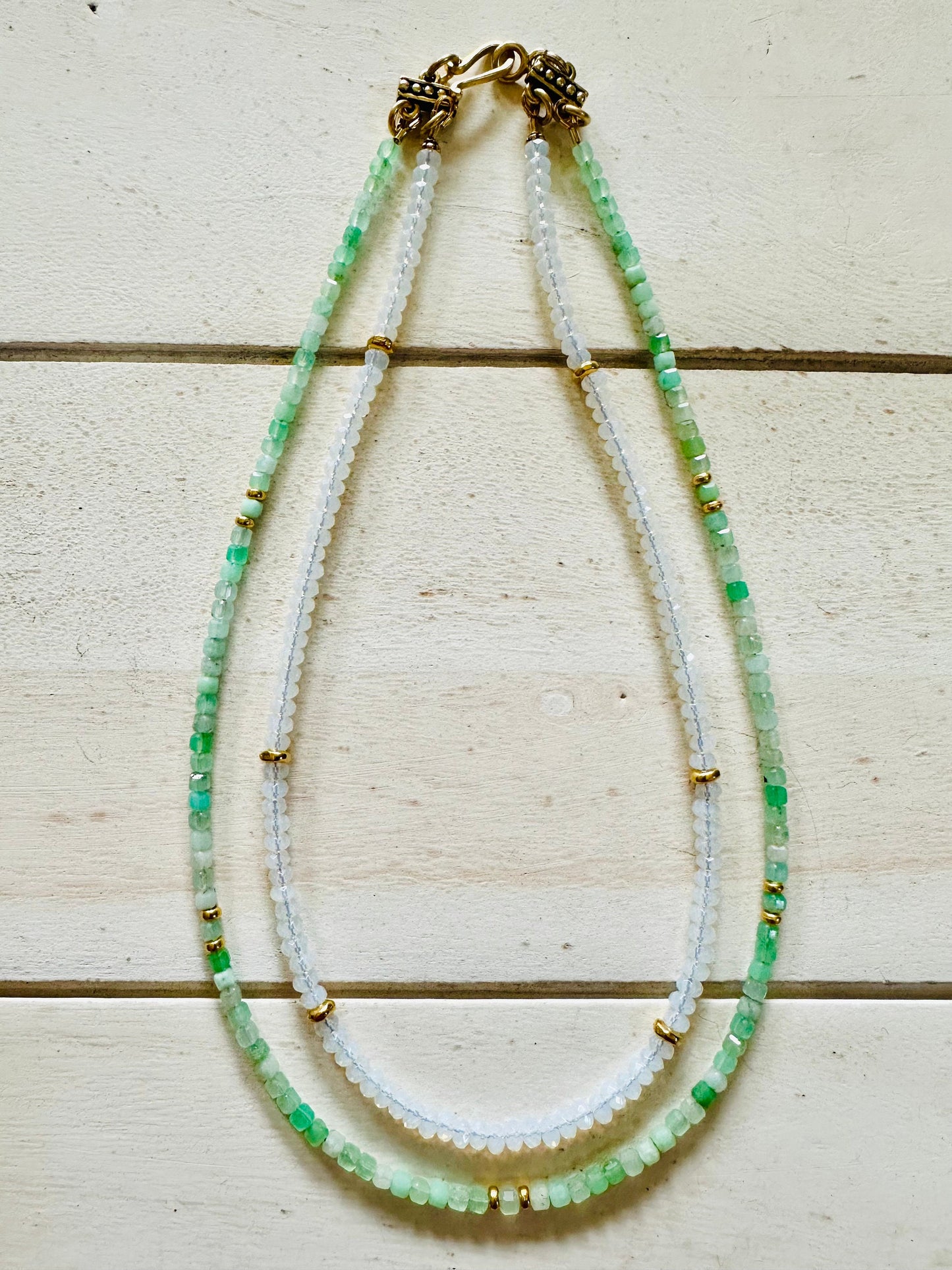 Chrysoprase and Moonstone Two Strand Beaded Necklace
