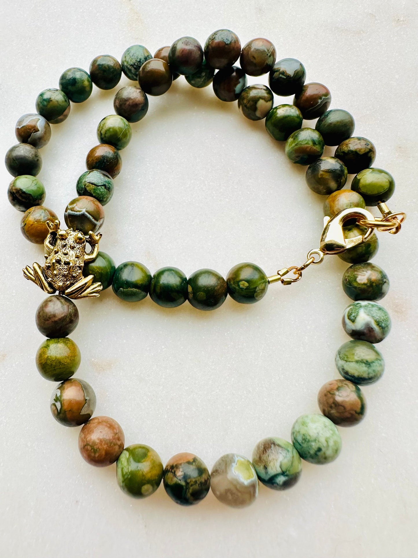 Rhyolite Jasper Gold Frog Beaded Necklace