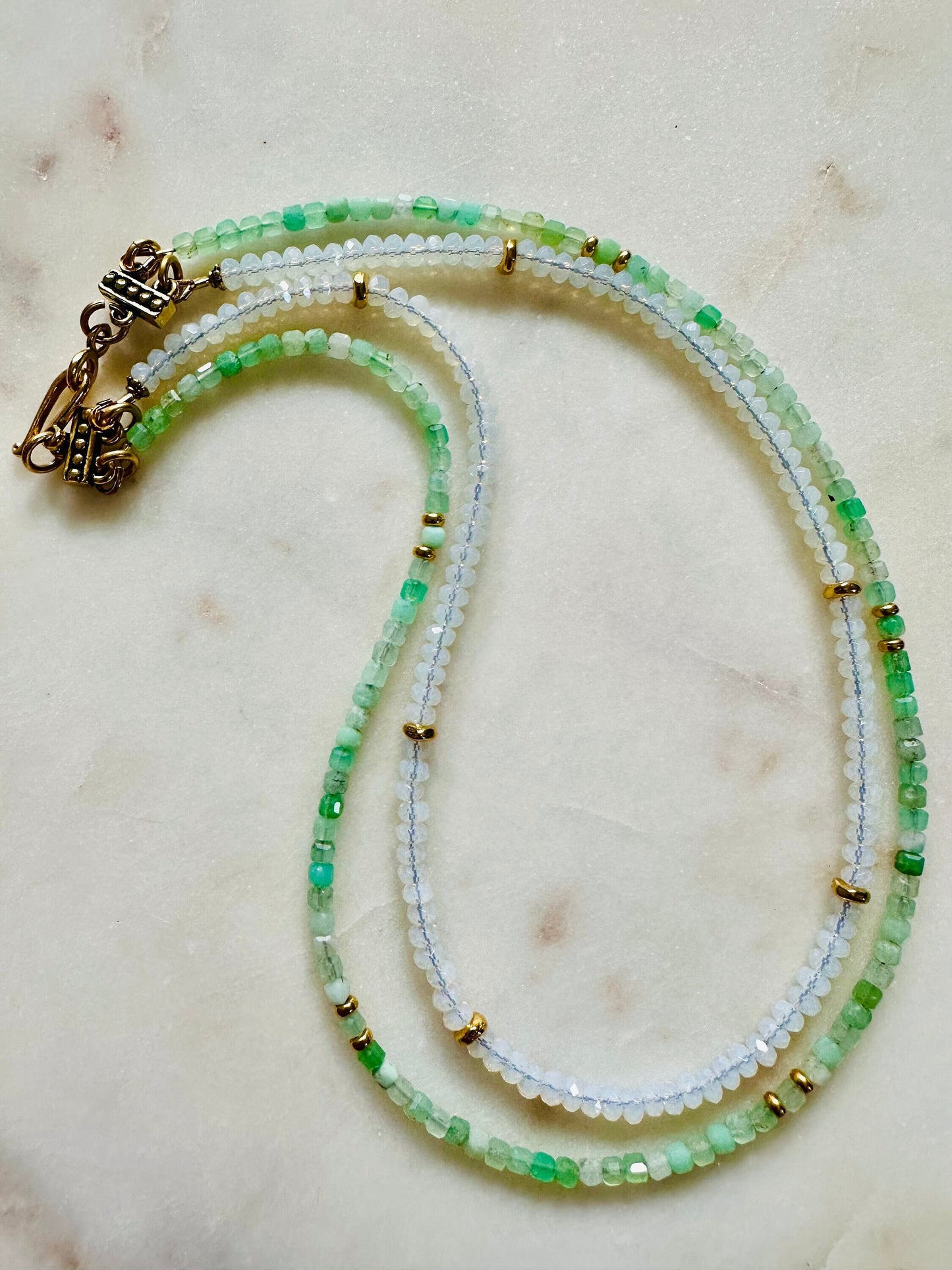 Chrysoprase and Moonstone Two Strand Beaded Necklace