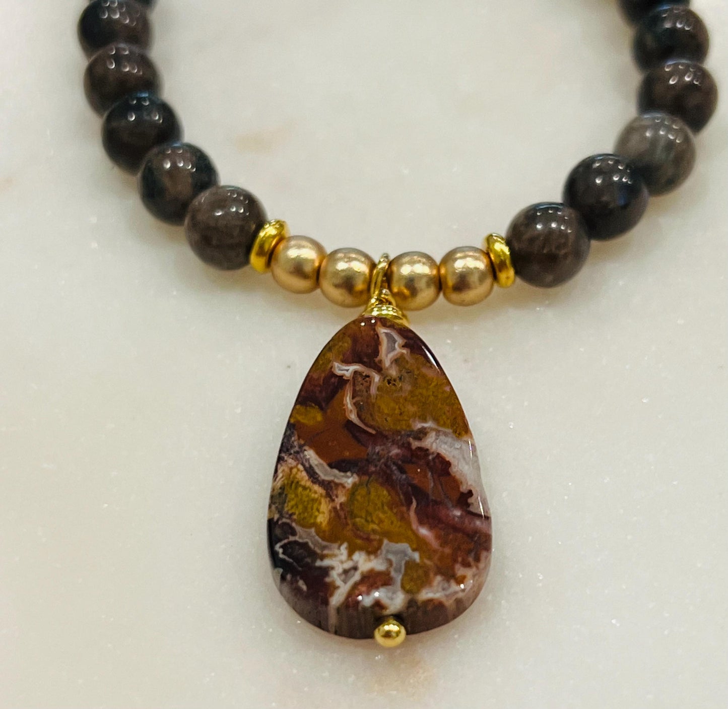 Bronzite Beaded Necklace with Pietersite Pendant