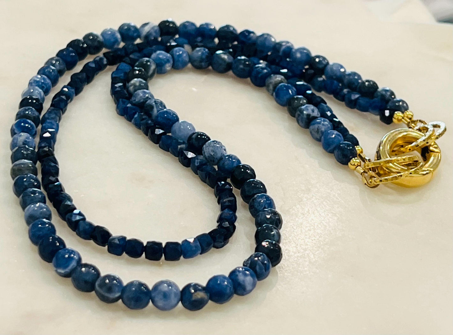 Sodalite Beaded Necklace Double Strand Gold Plated Spring Clasp Carabiner Convertible Semi-Precious Gemstone Necklace Boho Blue Beaded