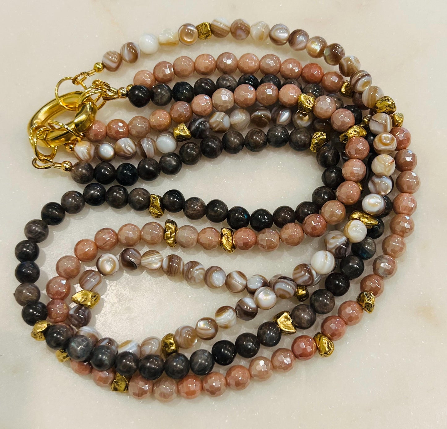 Mystic Moonstone, Bronzite, and Mother of Pearl Beaded 3 Strand Necklace