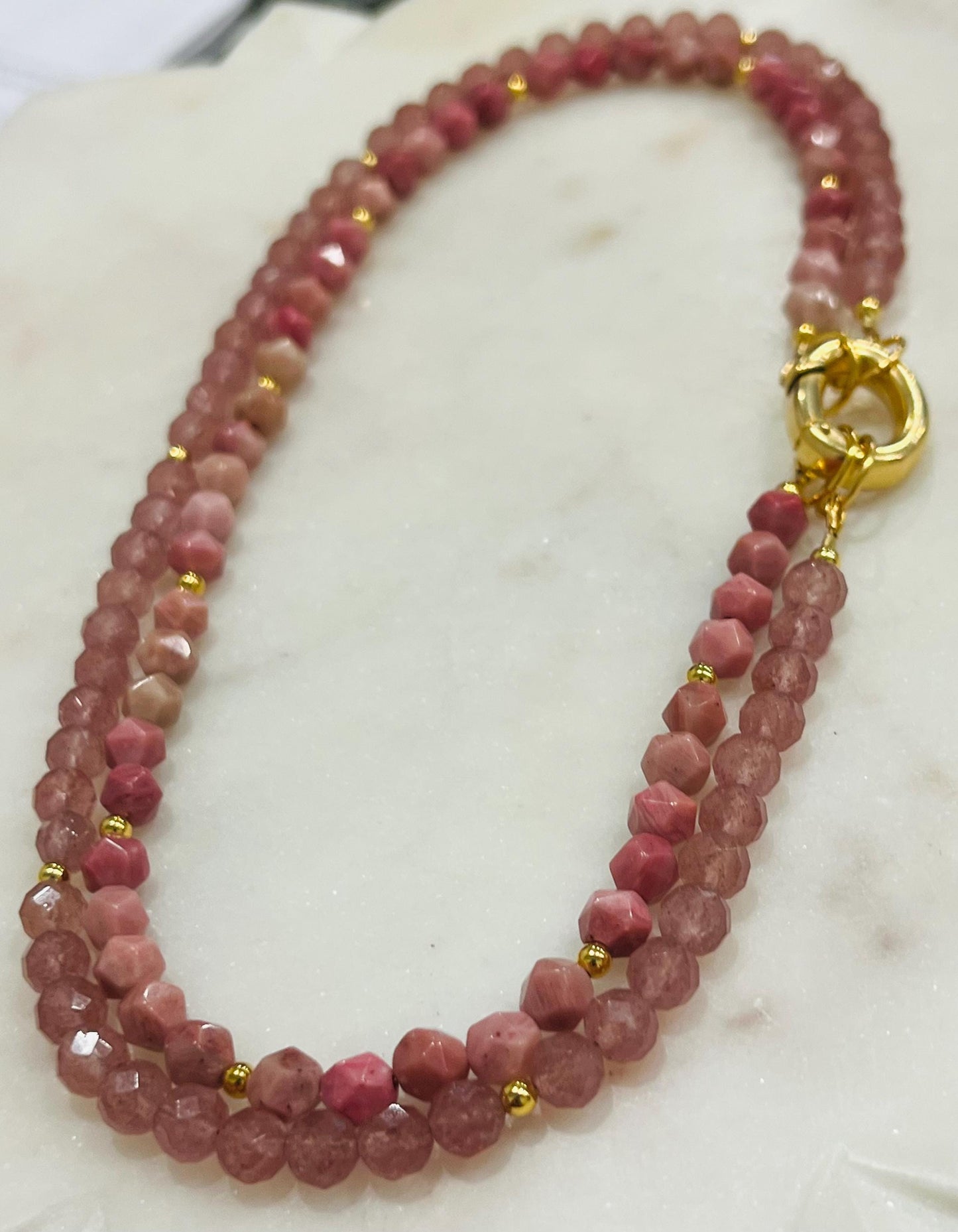 Strawberry Quartz and Rhodonite Beaded Necklace