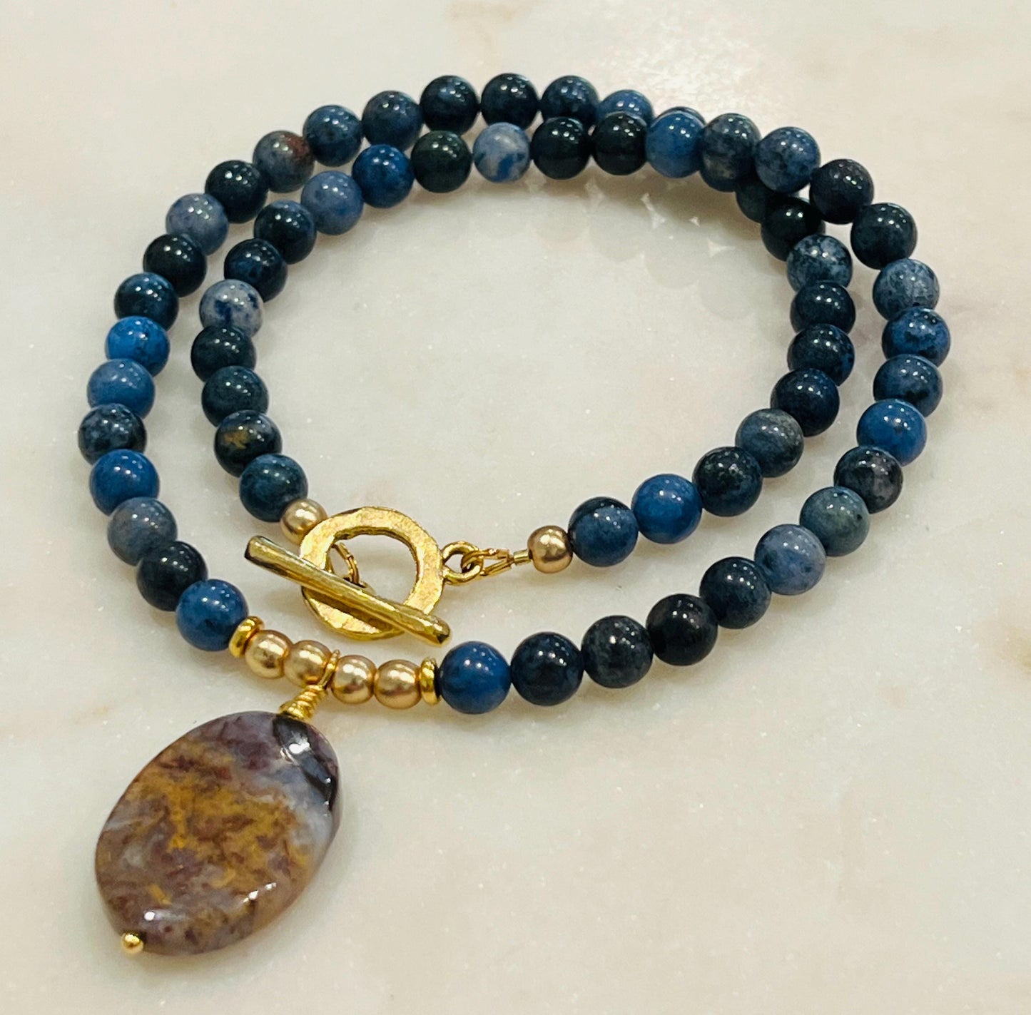 Dumortierite Beaded Necklace with Pietersite Pendant