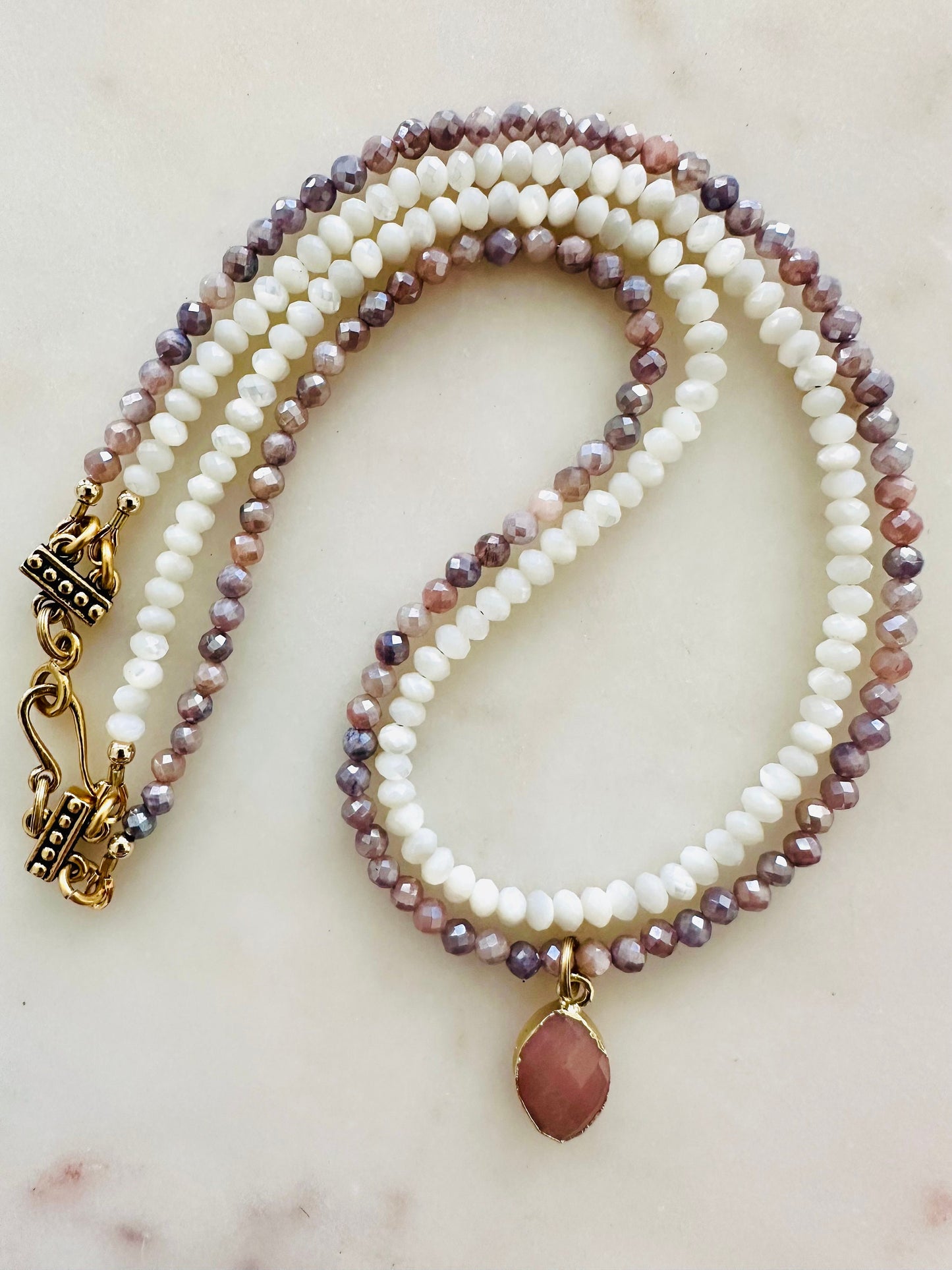 Mystic Moonstone and Mother of Pearl Two Strand Beaded Necklace