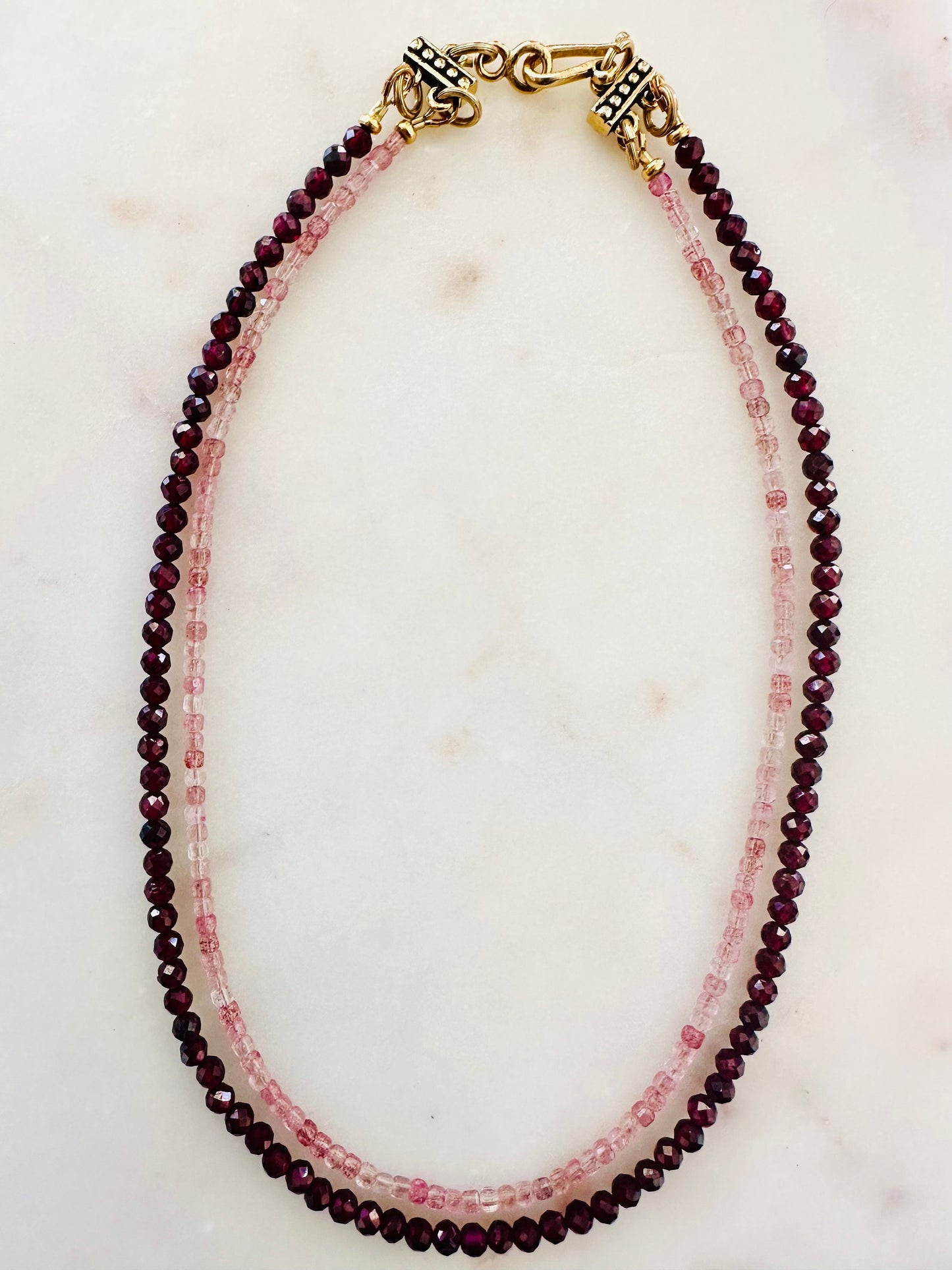 Garnet Pink Quartz Double Strand Beaded Necklace