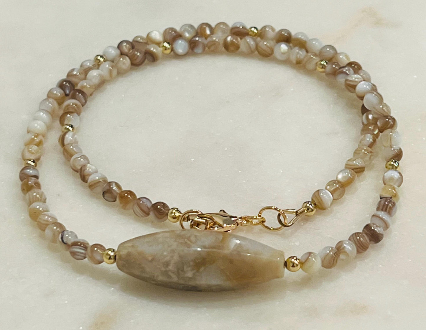 Mother of Pearl Beaded Necklace Pietersite Pendant