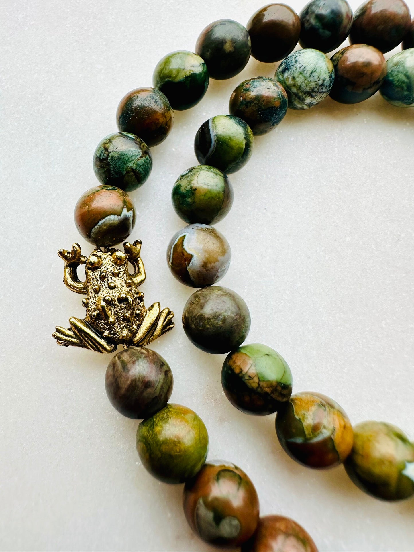 Rhyolite Jasper Gold Frog Beaded Necklace