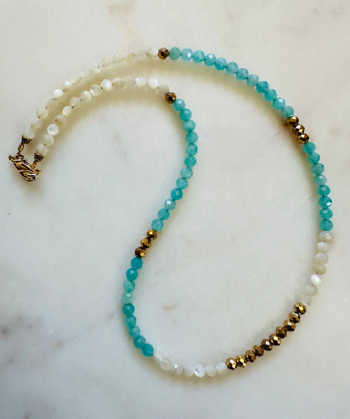 Amazonite, Pyrite, and Mother of Pearl Beaded Necklace