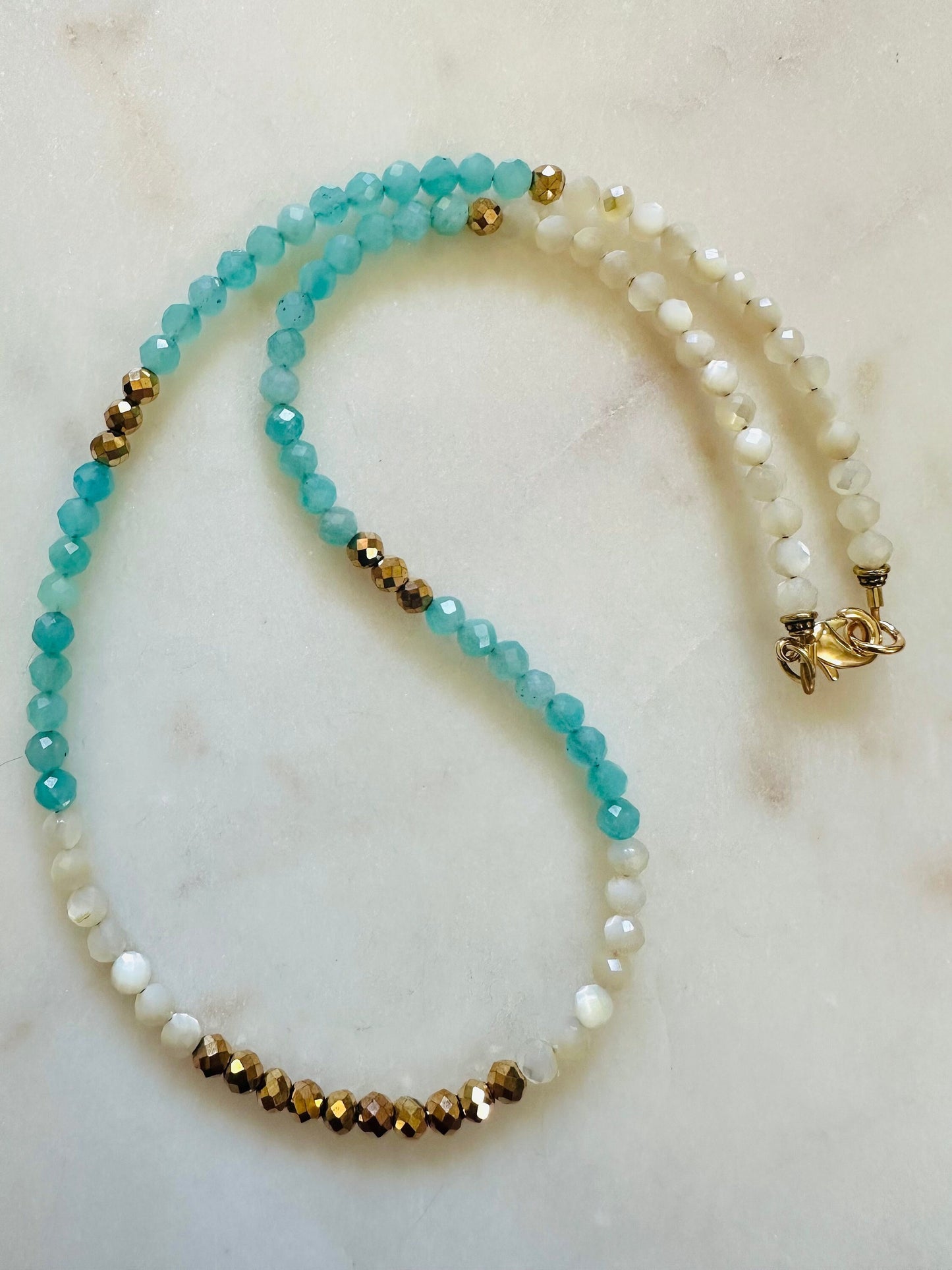 Amazonite, Pyrite, and Mother of Pearl Beaded Necklace