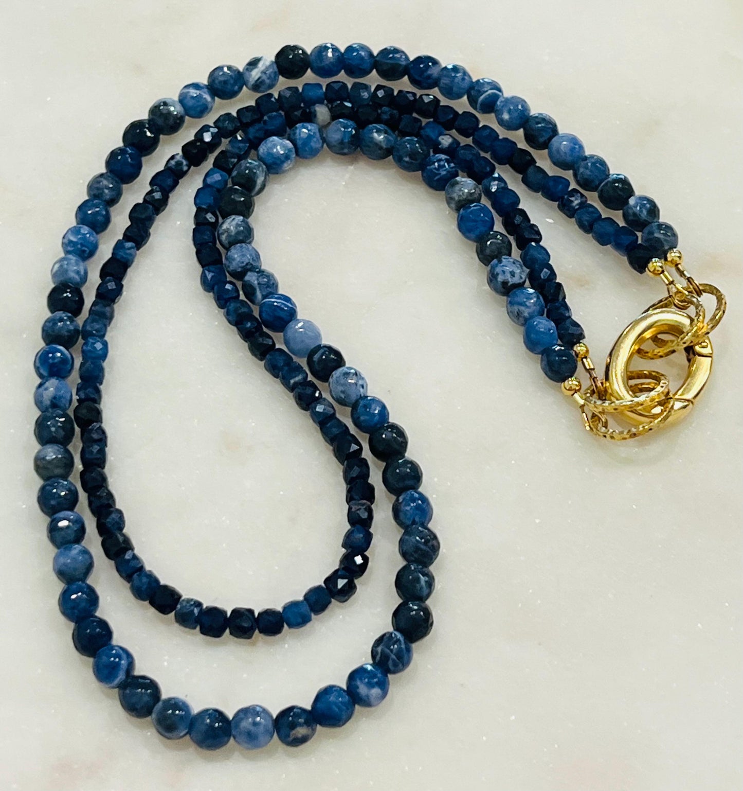 Sodalite Beaded Necklace Double Strand Gold Plated Spring Clasp Carabiner Convertible Semi-Precious Gemstone Necklace Boho Blue Beaded