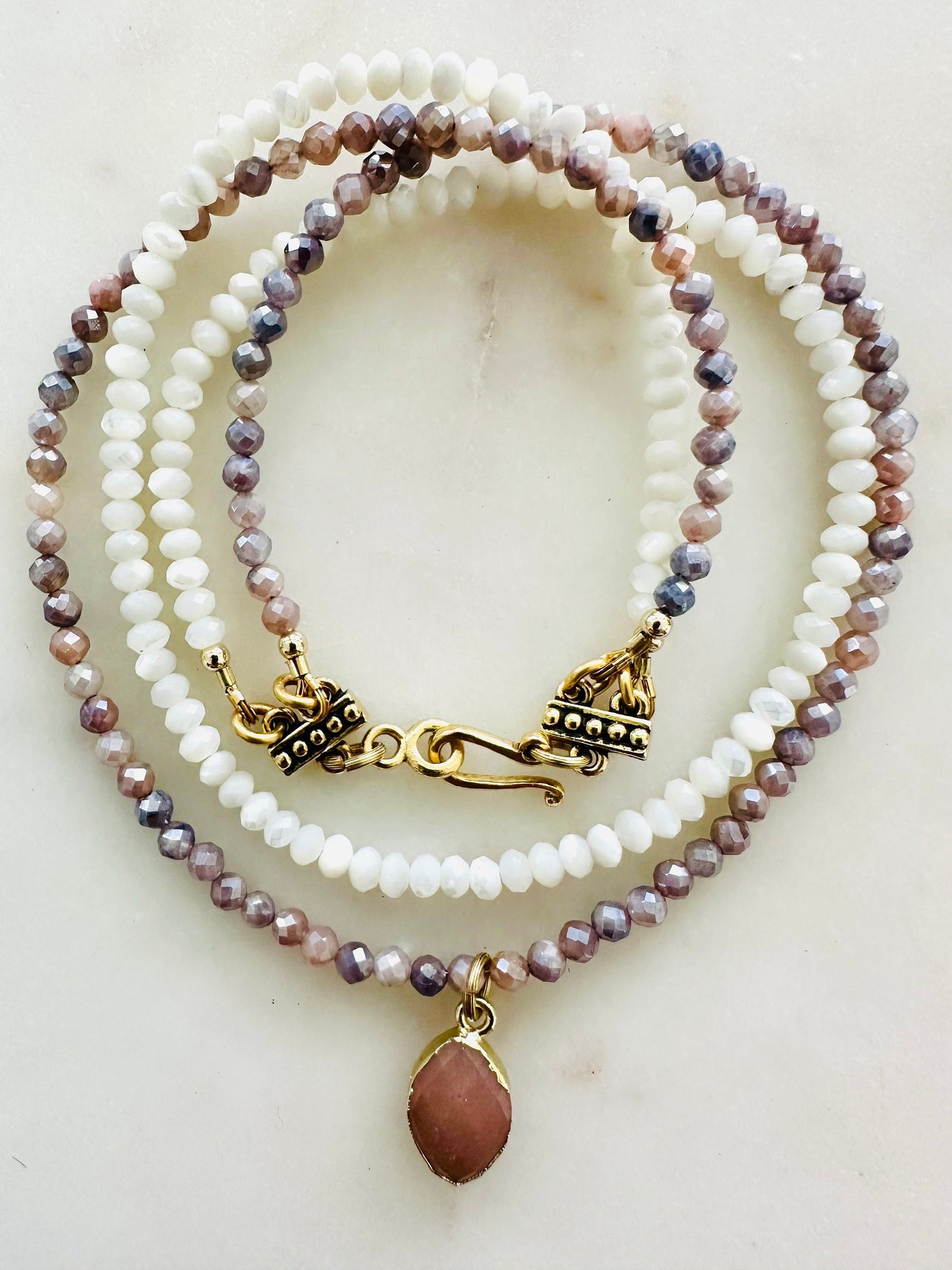 Mystic Moonstone and Mother of Pearl Two Strand Beaded Necklace