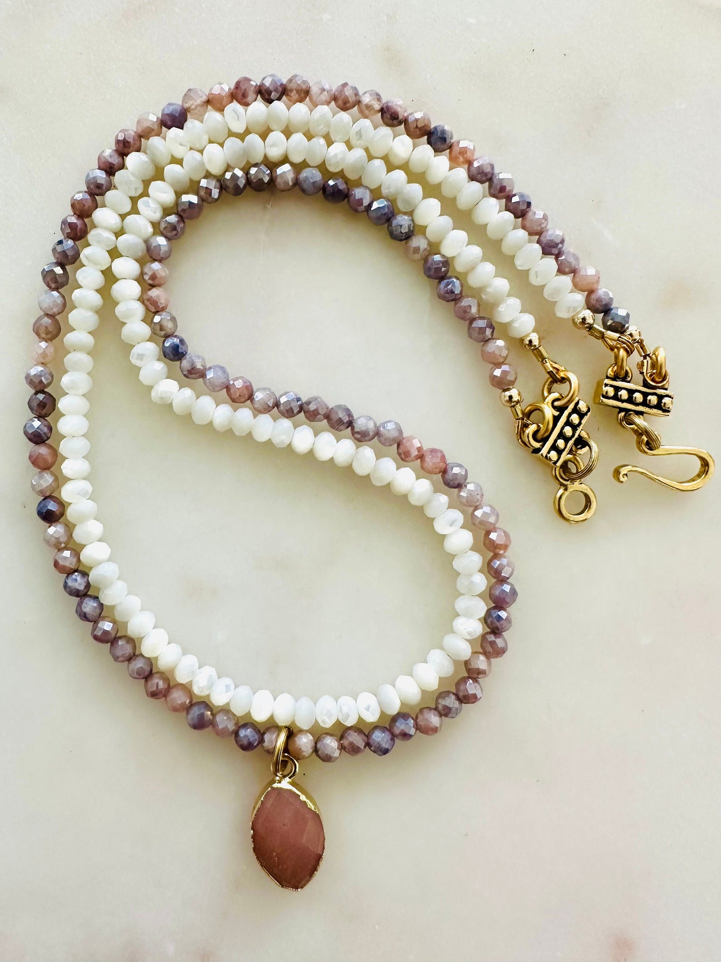 Mystic Moonstone and Mother of Pearl Two Strand Beaded Necklace