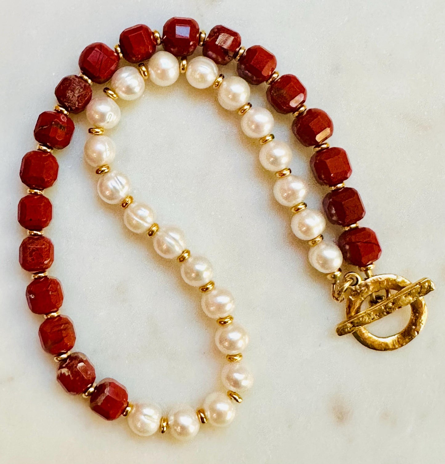 Freshwater Pearl and Red Jasper Beaded Necklace