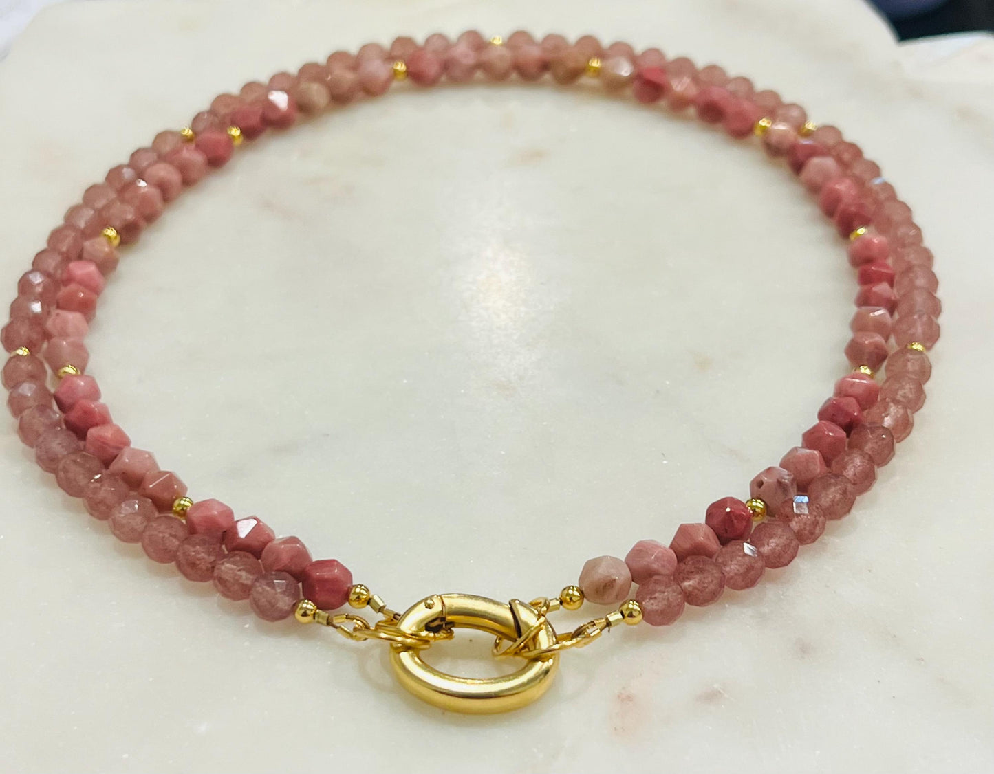 Strawberry Quartz and Rhodonite Beaded Necklace