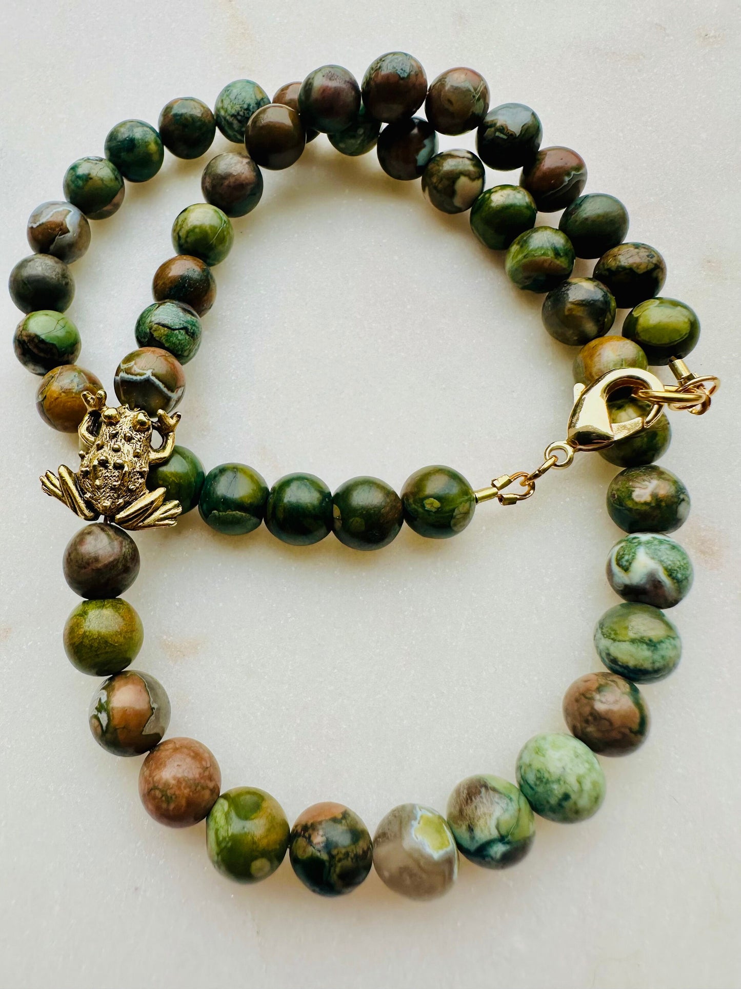 Rhyolite Jasper Gold Frog Beaded Necklace