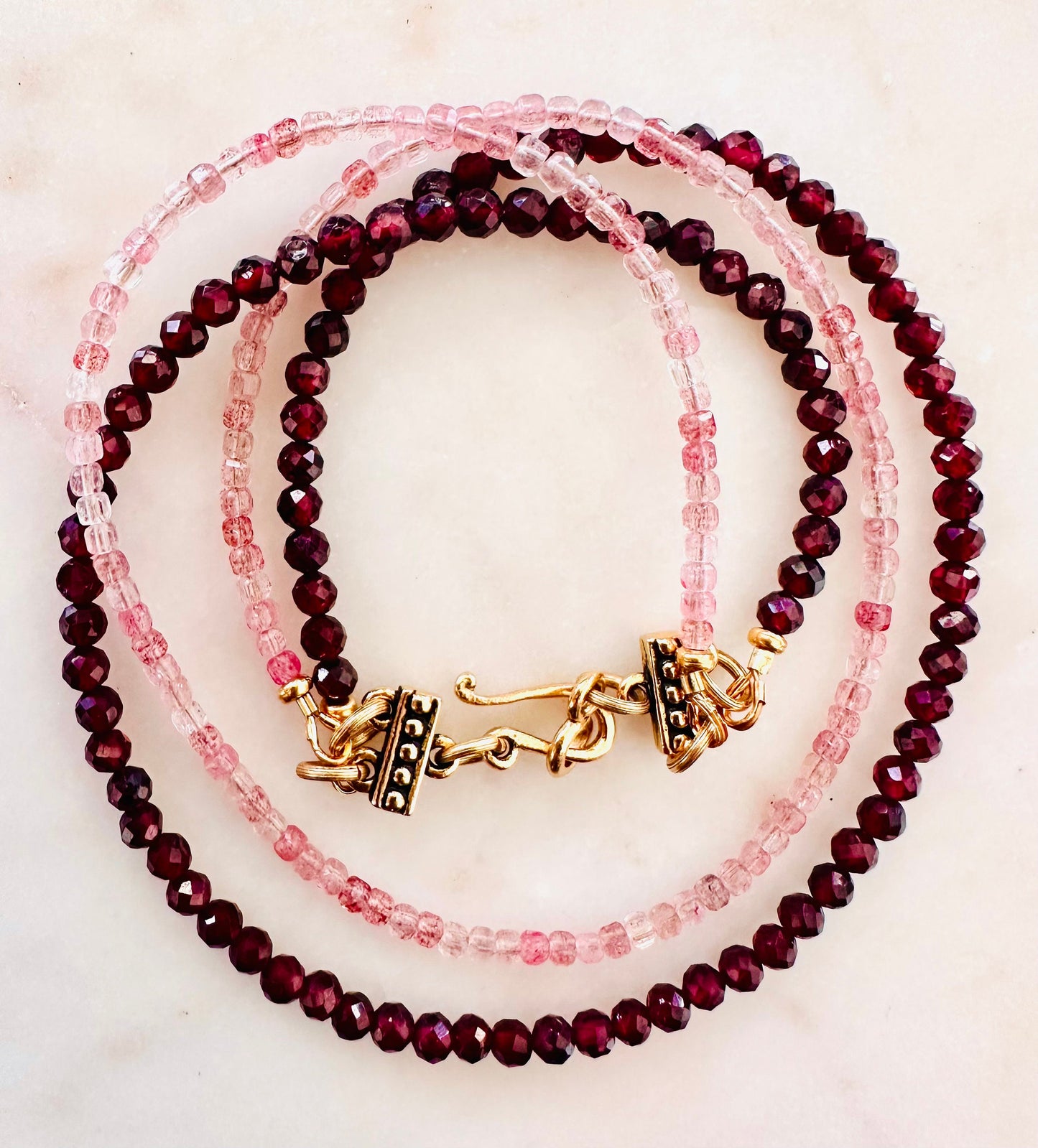 Garnet Pink Quartz Double Strand Beaded Necklace