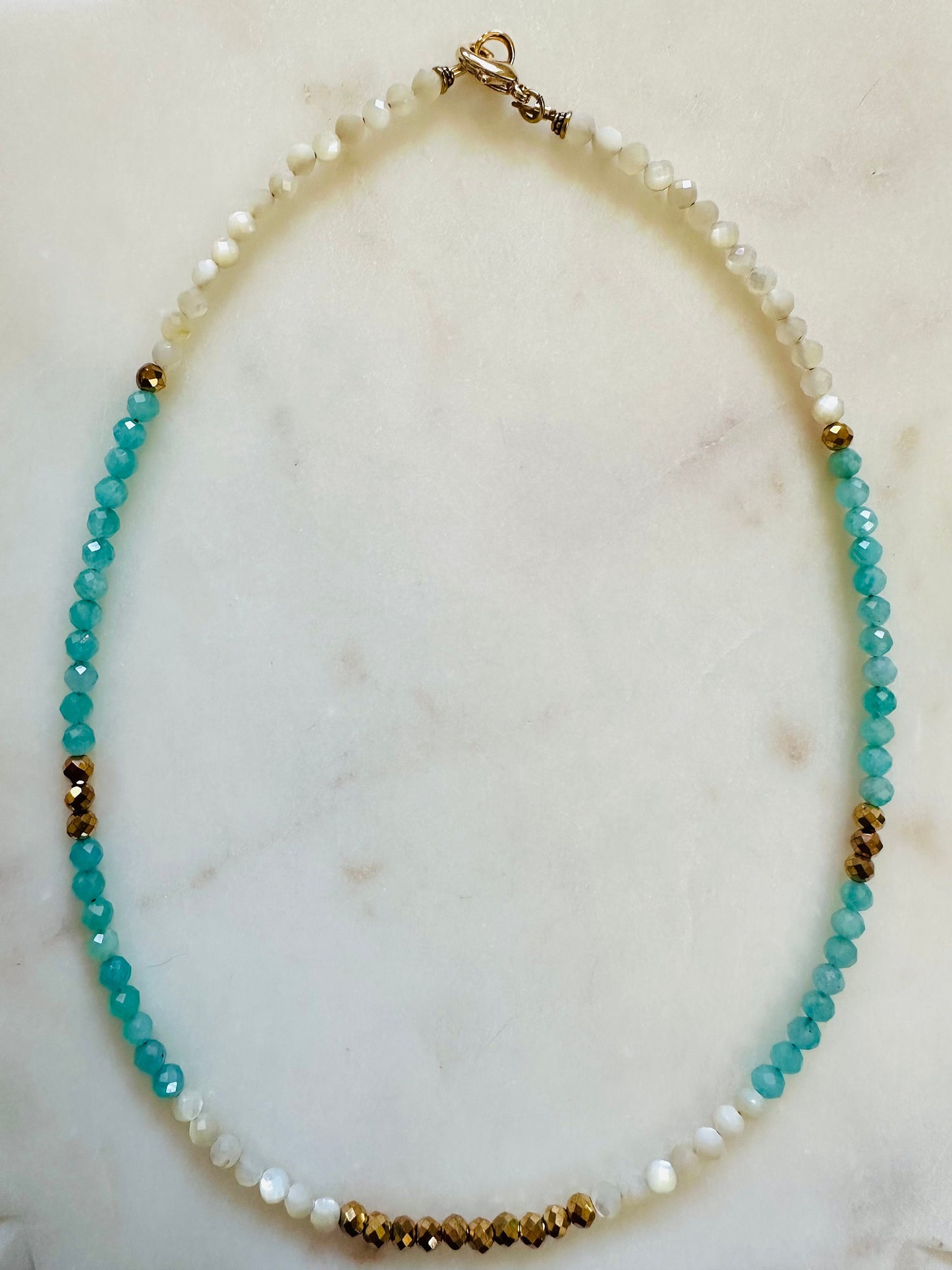 Amazonite, Pyrite, and Mother of Pearl Beaded Necklace
