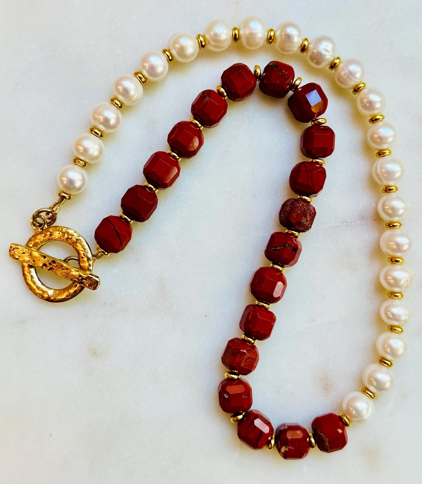 Freshwater Pearl and Red Jasper Beaded Necklace