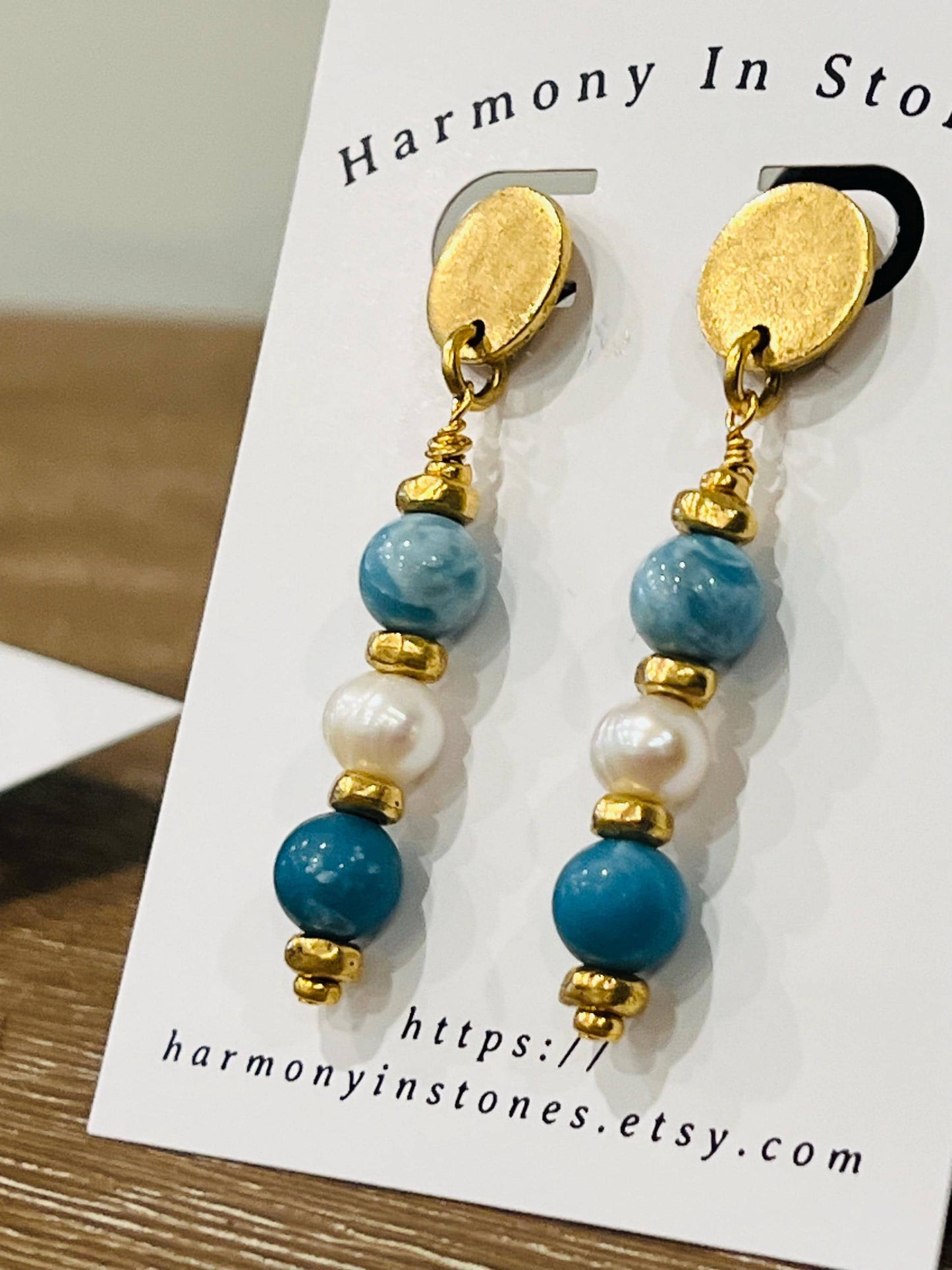 Larimar and Pearl Beaded Drop Earrings