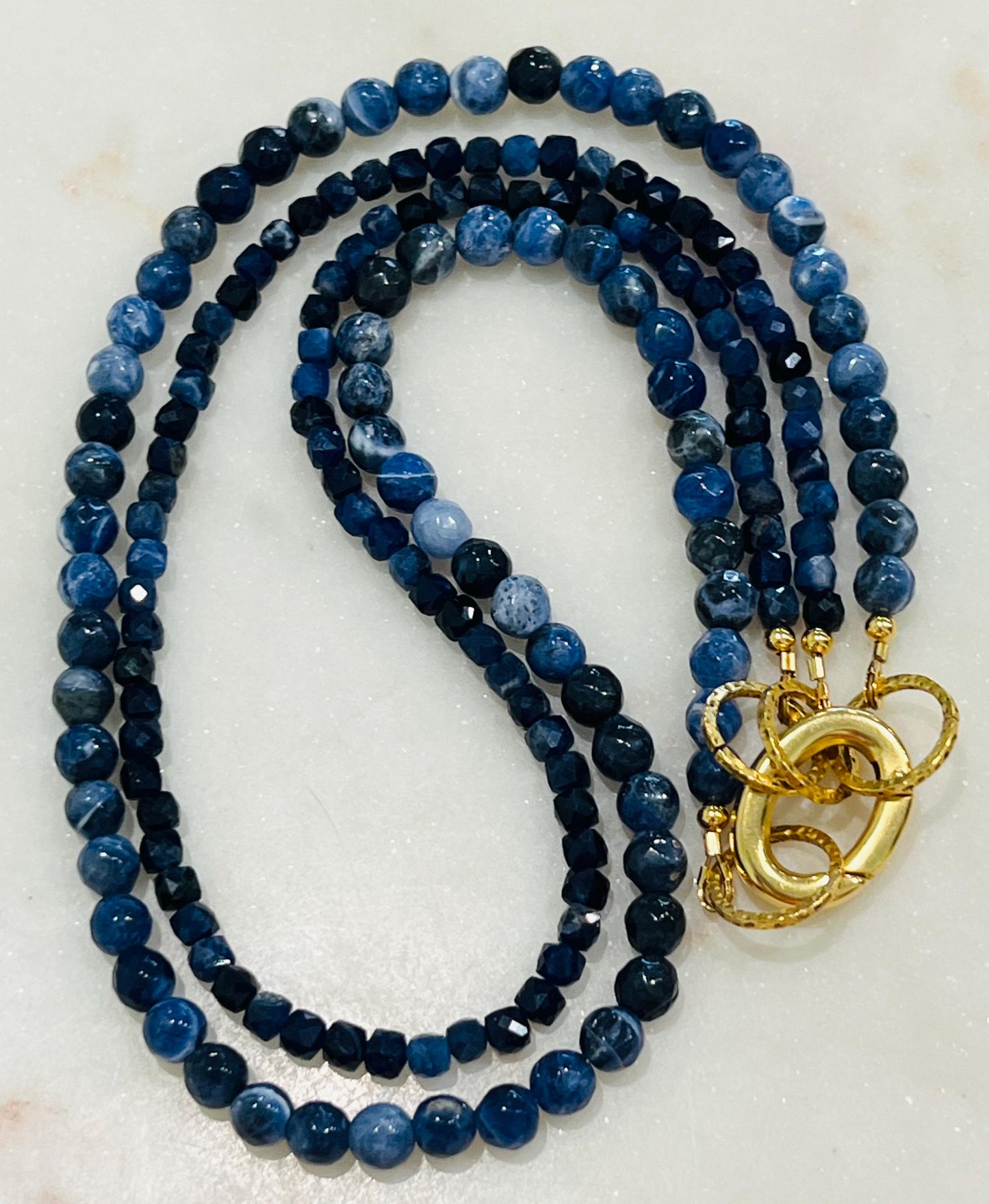 Sodalite Beaded Necklace Double Strand Gold Plated Spring Clasp Carabiner Convertible Semi-Precious Gemstone Necklace Boho Blue Beaded