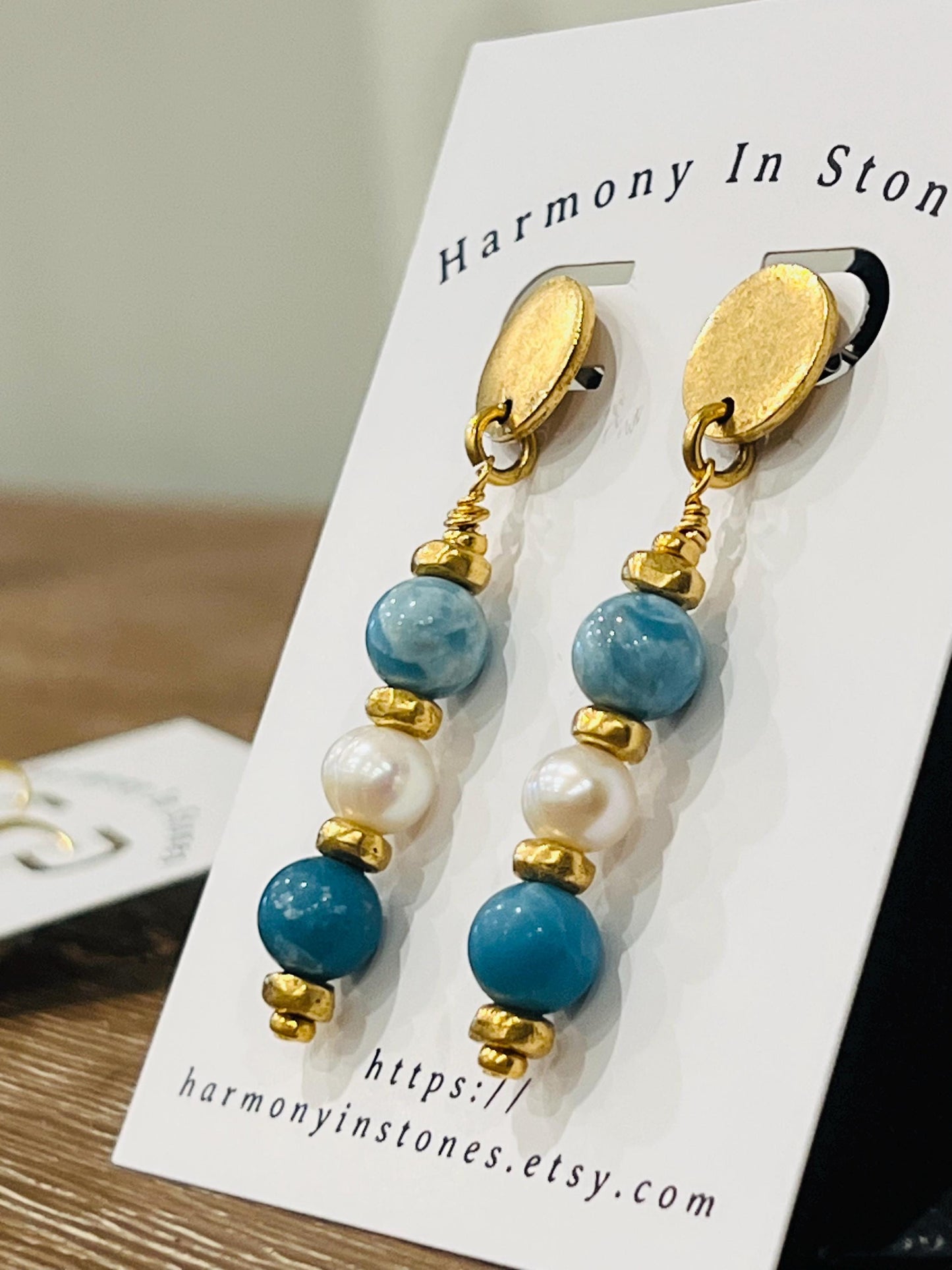 Larimar and Pearl Beaded Drop Earrings