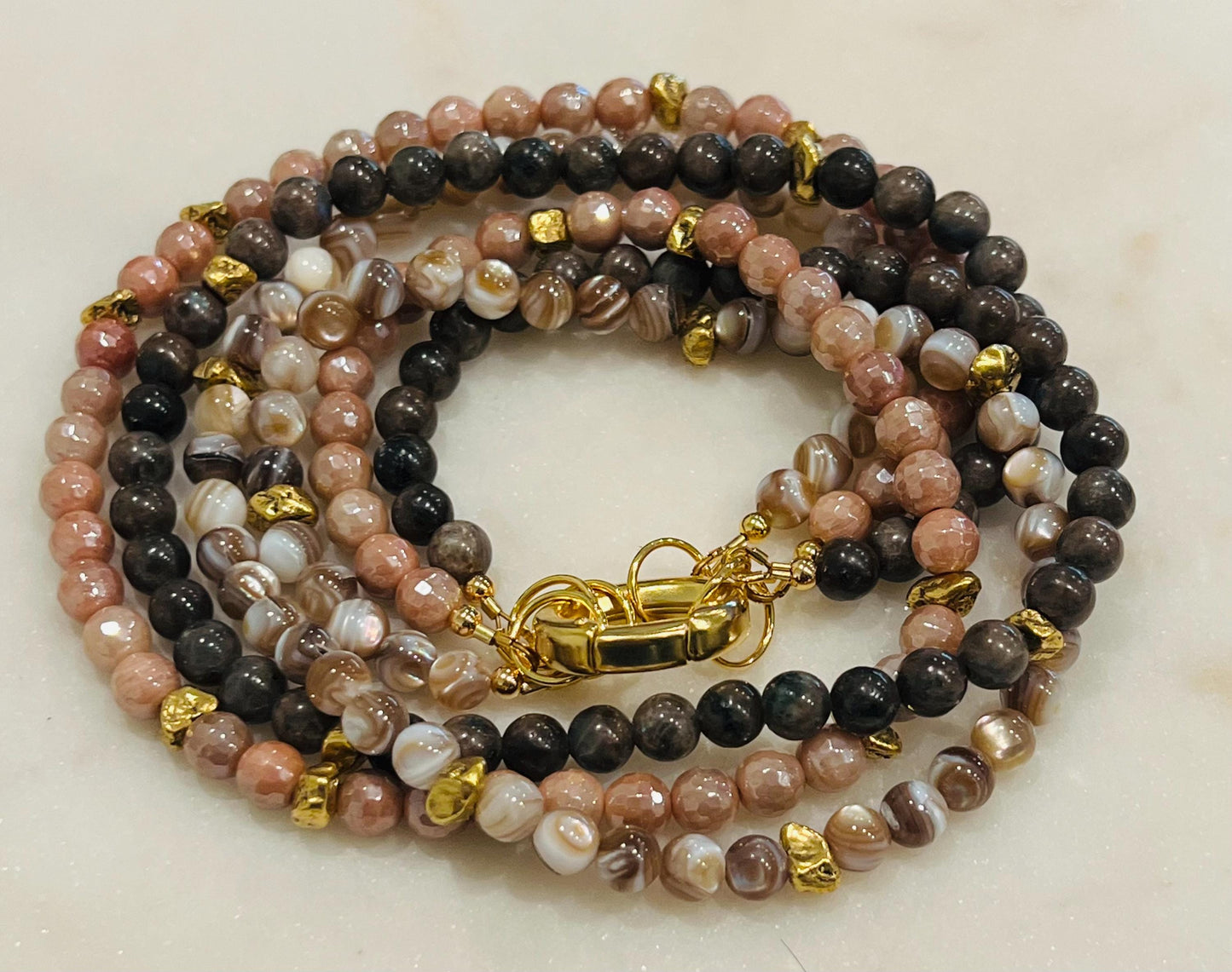 Mystic Moonstone, Bronzite, and Mother of Pearl Beaded 3 Strand Necklace