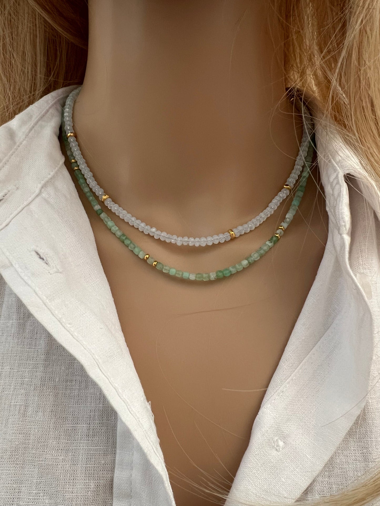 Chrysoprase and Moonstone Two Strand Beaded Necklace
