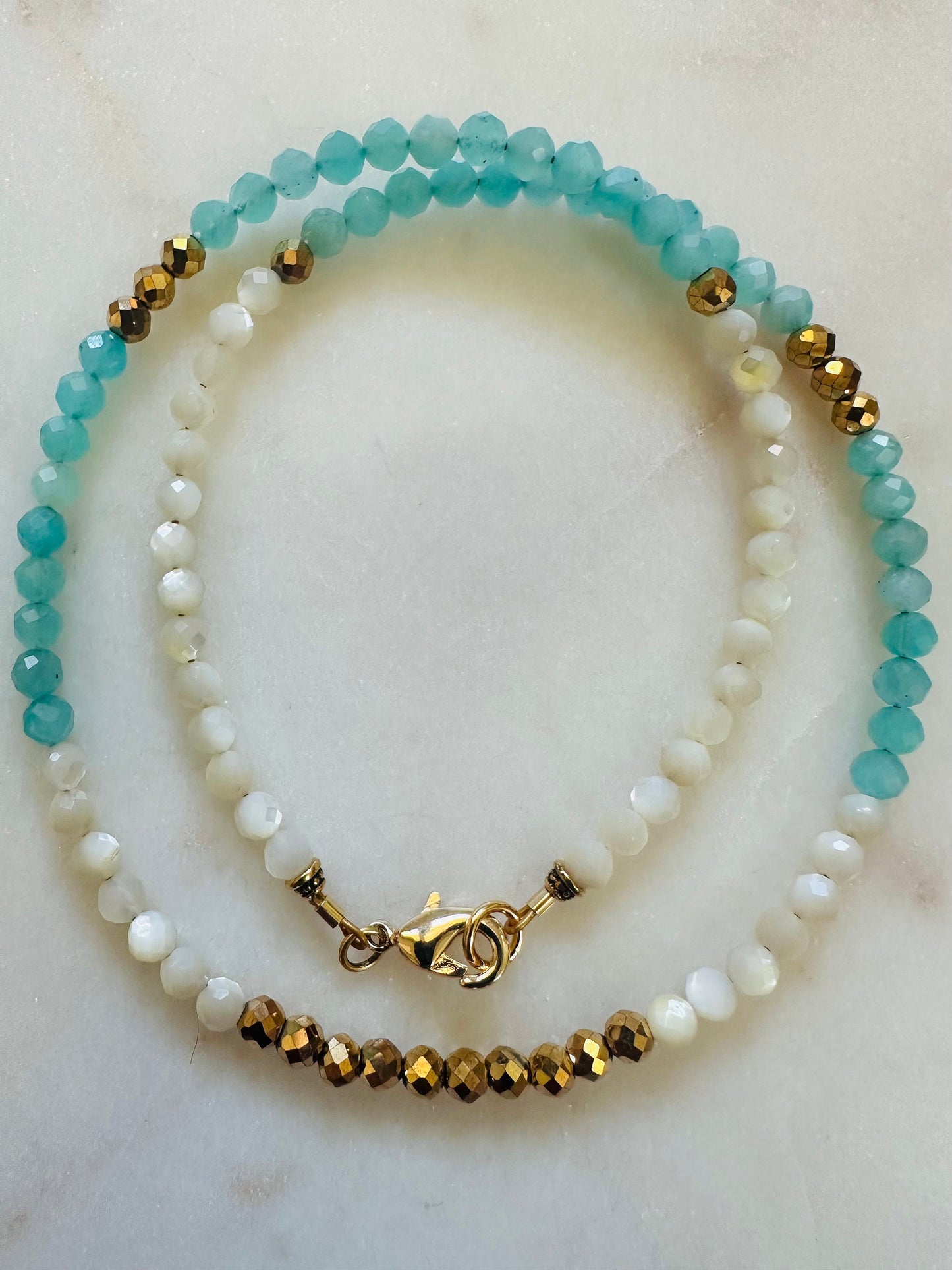 Amazonite, Pyrite, and Mother of Pearl Beaded Necklace