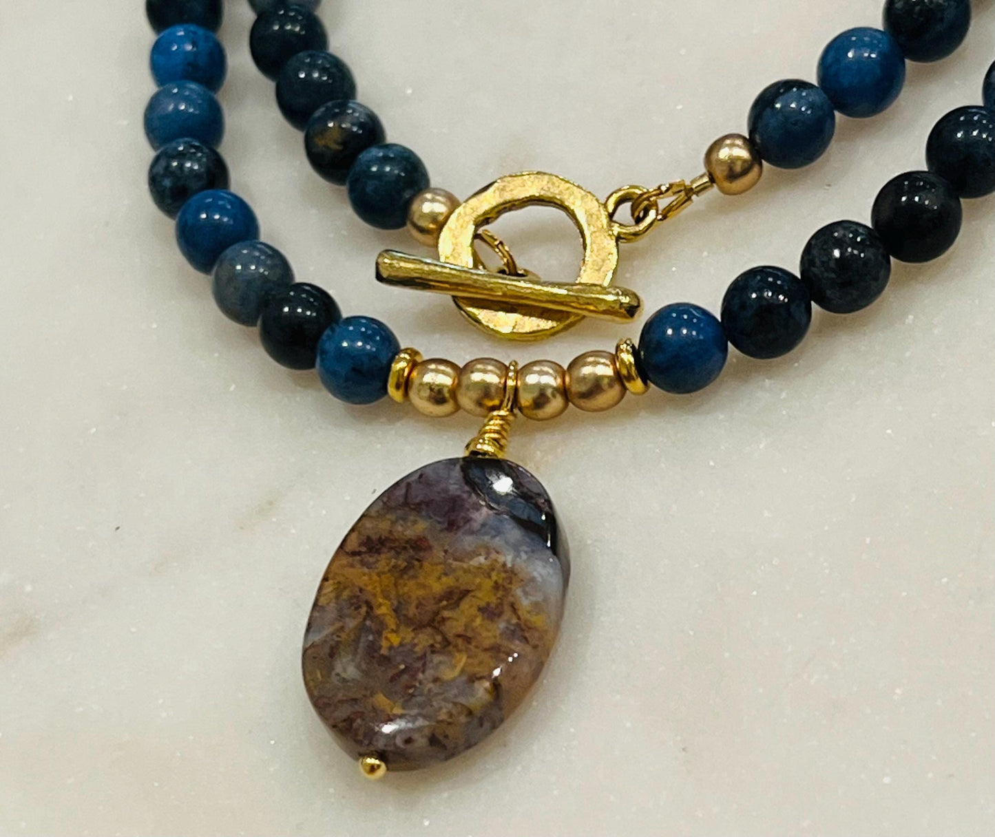 Dumortierite Beaded Necklace with Pietersite Pendant