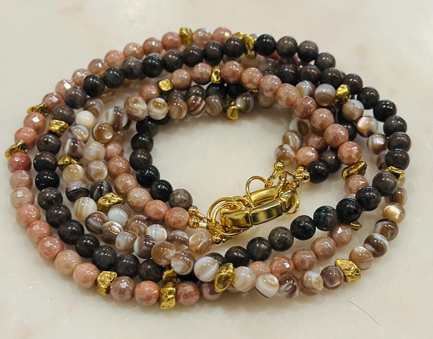 Mystic Moonstone, Bronzite, and Mother of Pearl Beaded 3 Strand Necklace