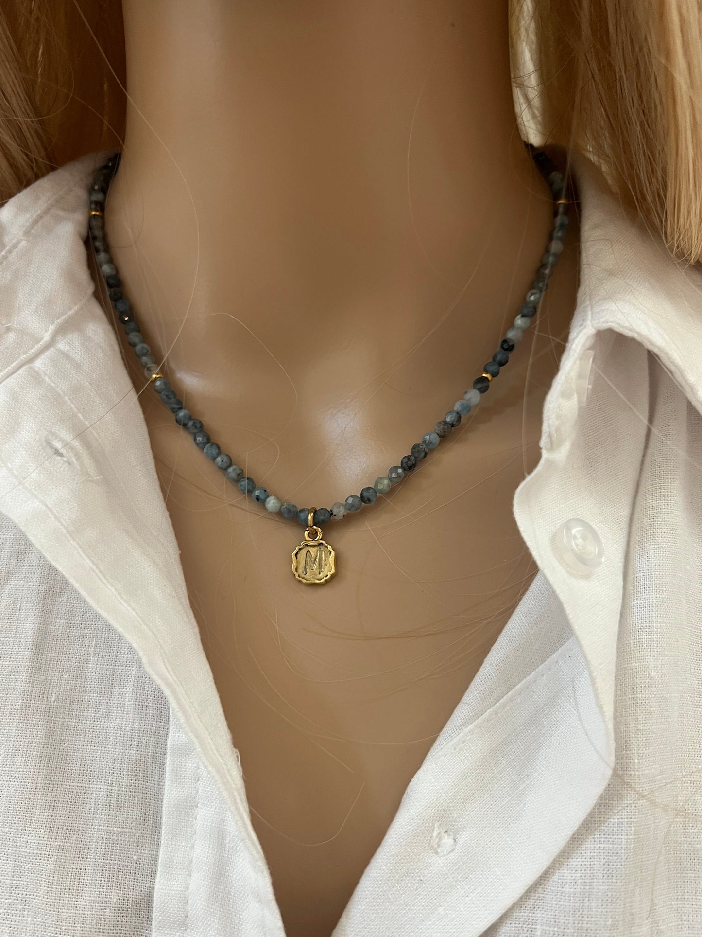 Aquamarine Beaded Initial Necklace
