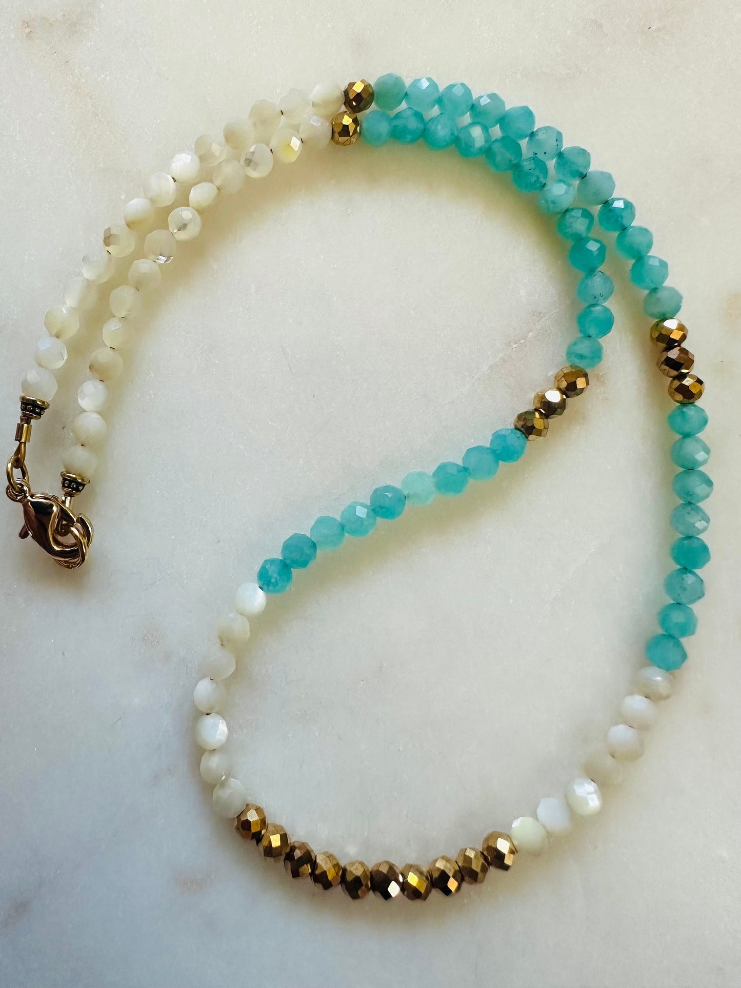 Amazonite, Pyrite, and Mother of Pearl Beaded Necklace