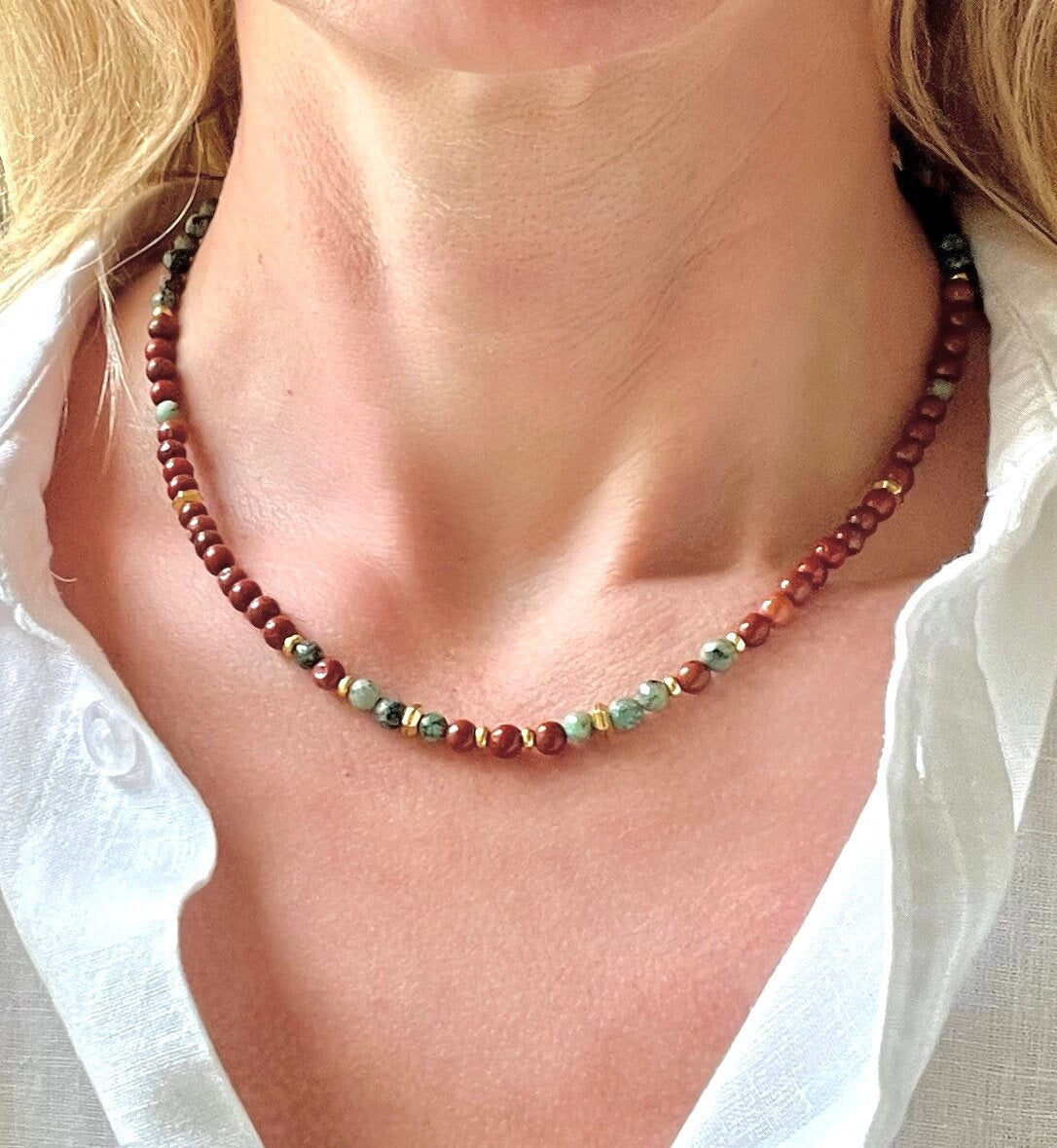 Red Jasper and Turquoise Beaded Necklace