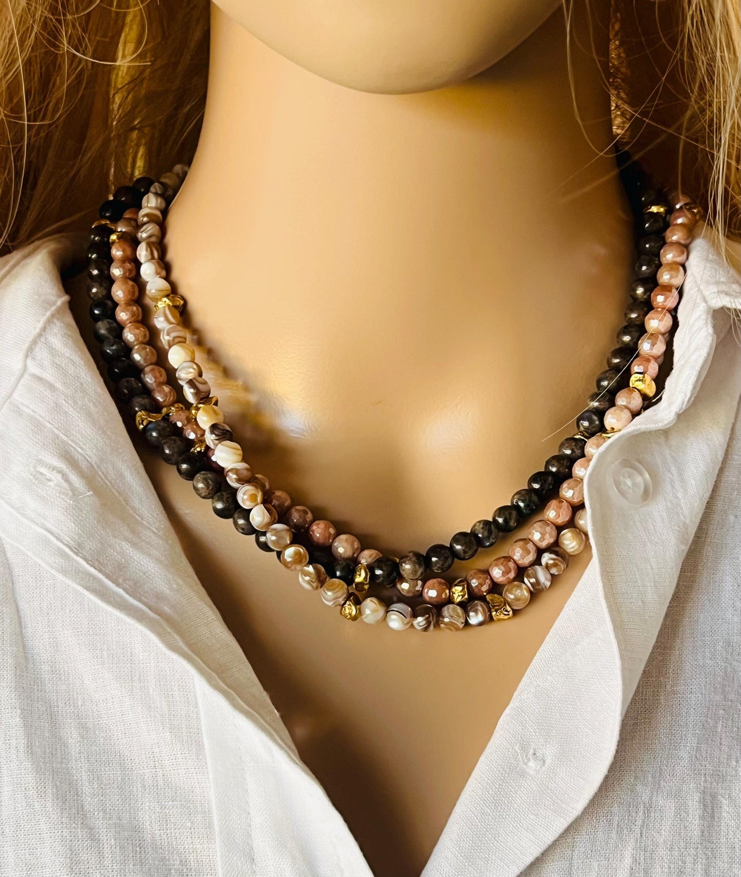 Mystic Moonstone, Bronzite, and Mother of Pearl Beaded 3 Strand Necklace
