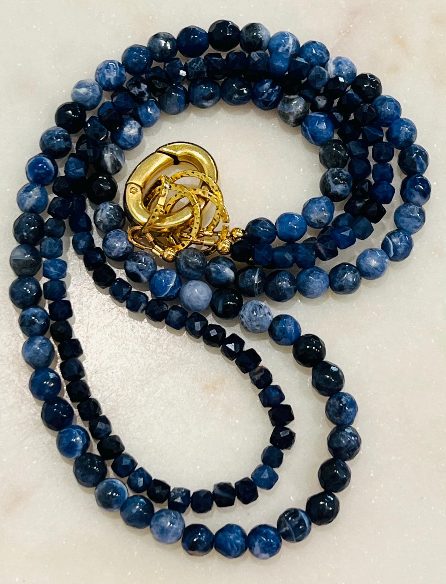 Sodalite Beaded Necklace Double Strand Gold Plated Spring Clasp Carabiner Convertible Semi-Precious Gemstone Necklace Boho Blue Beaded