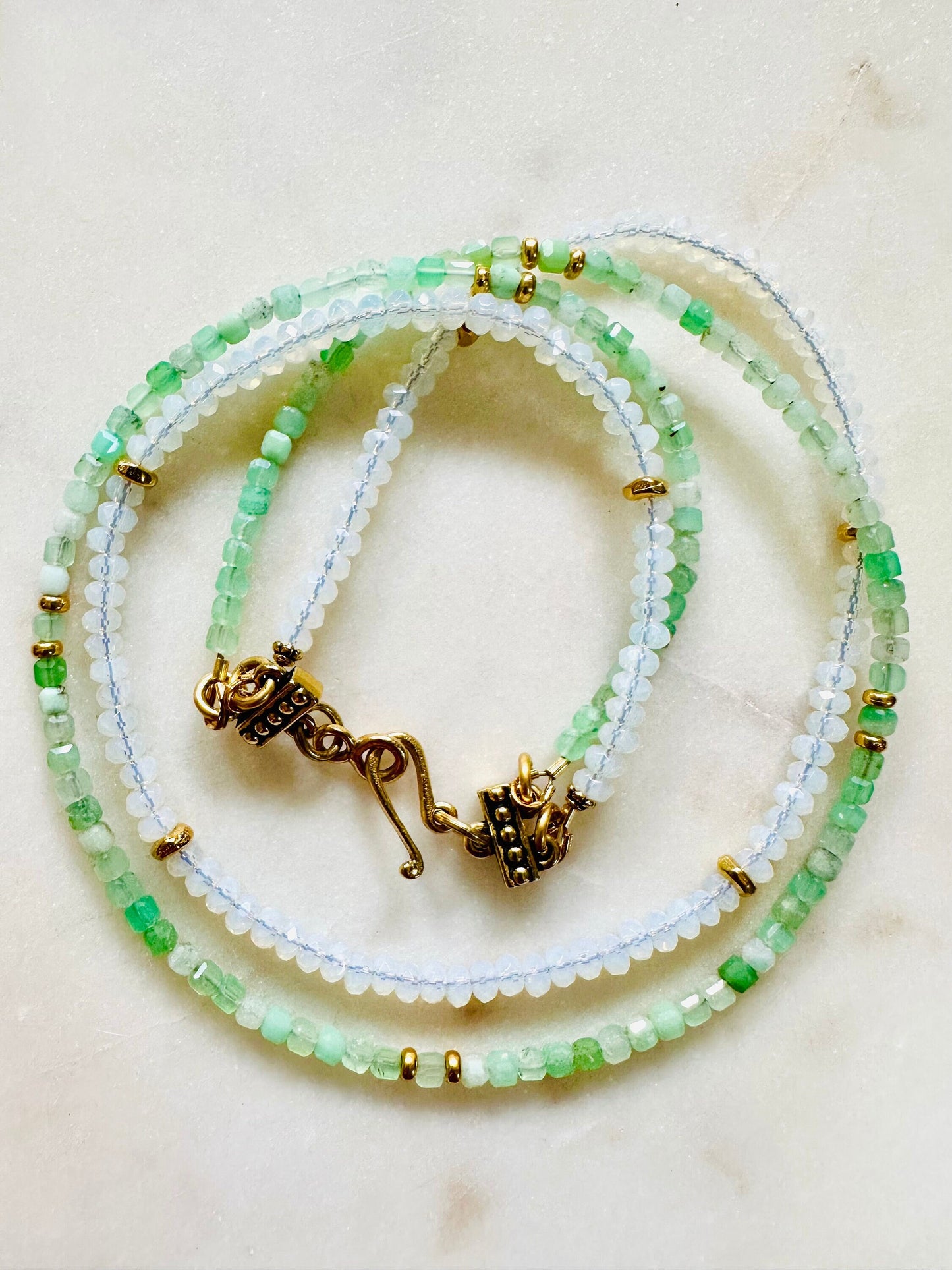 Chrysoprase and Moonstone Two Strand Beaded Necklace