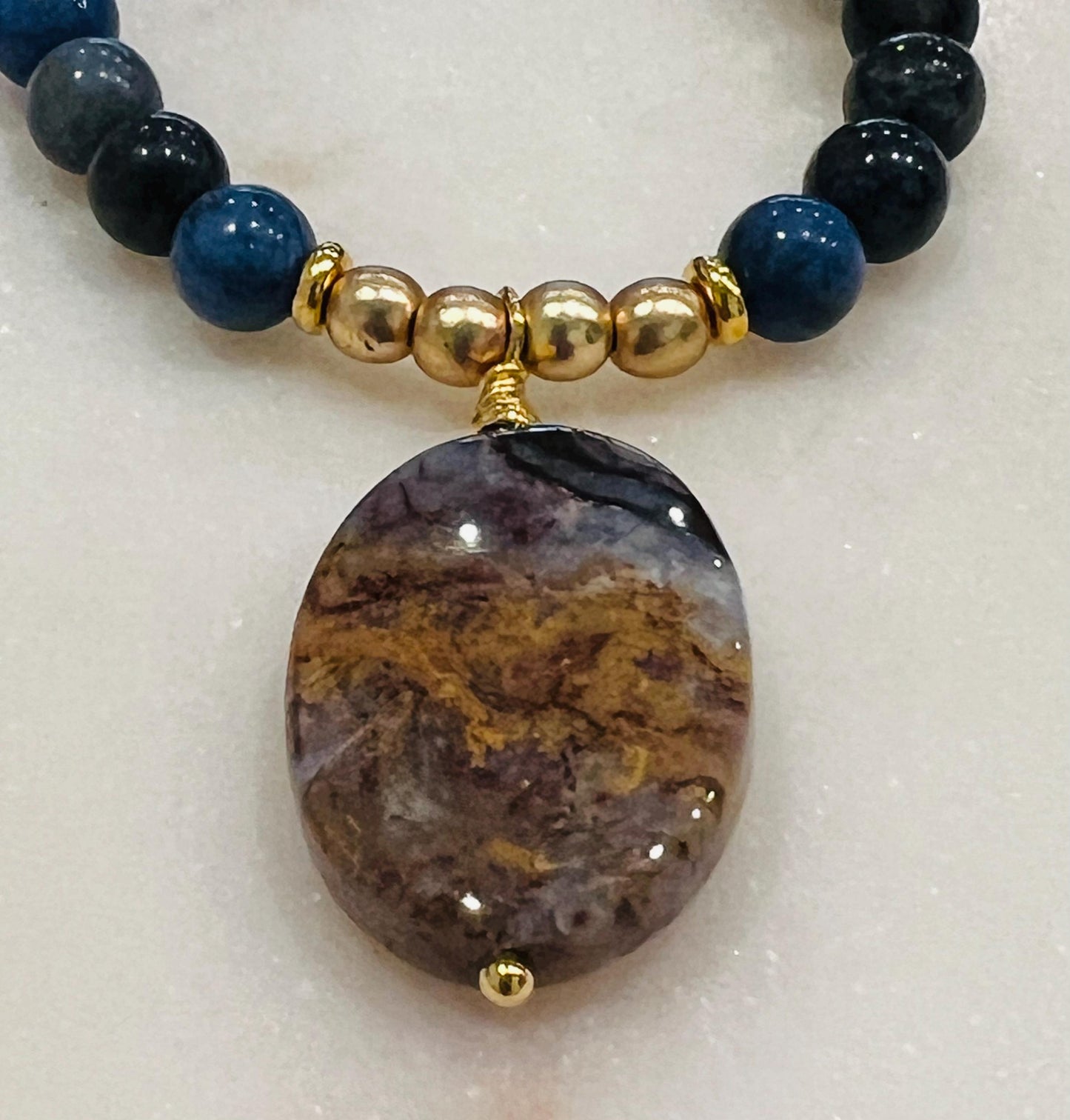Dumortierite Beaded Necklace with Pietersite Pendant