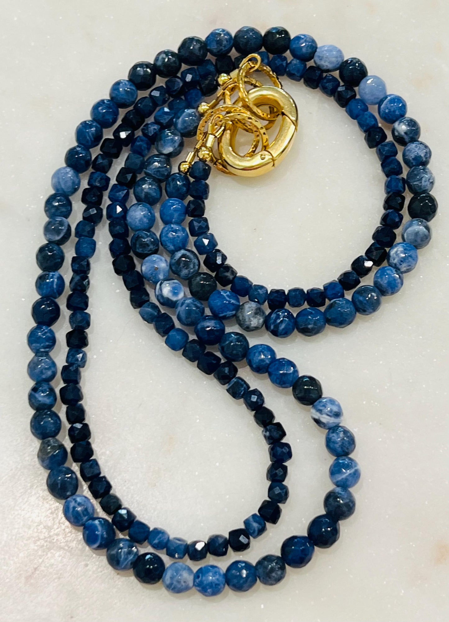 Sodalite Beaded Necklace Double Strand Gold Plated Spring Clasp Carabiner Convertible Semi-Precious Gemstone Necklace Boho Blue Beaded