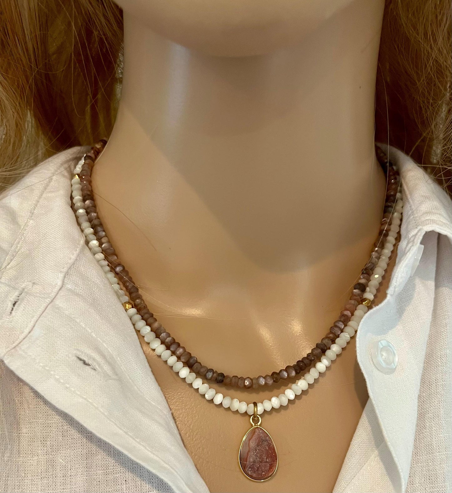 Mystic Moonstone and Mother of Pearl Two Strand Beaded Necklace