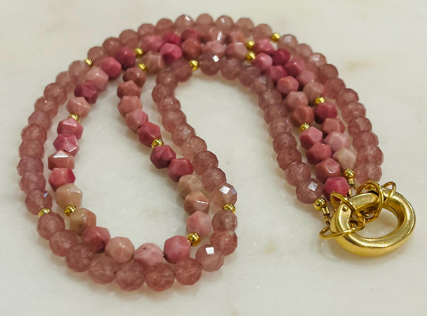 Strawberry Quartz and Rhodonite Beaded Necklace