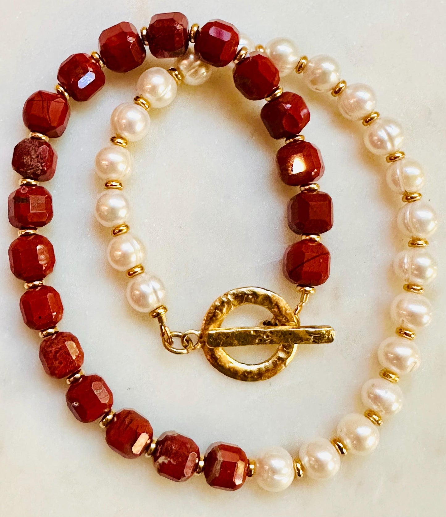 Freshwater Pearl and Red Jasper Beaded Necklace