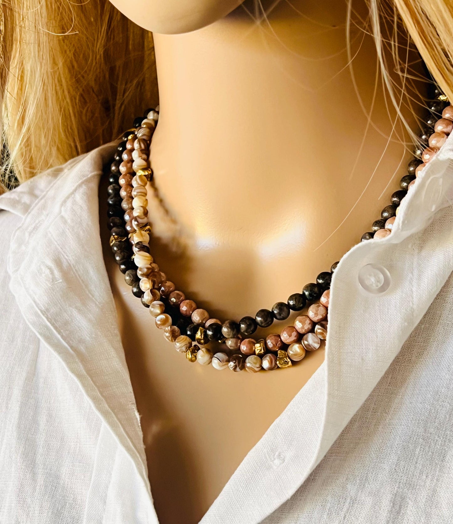 Mystic Moonstone, Bronzite, and Mother of Pearl Beaded 3 Strand Necklace