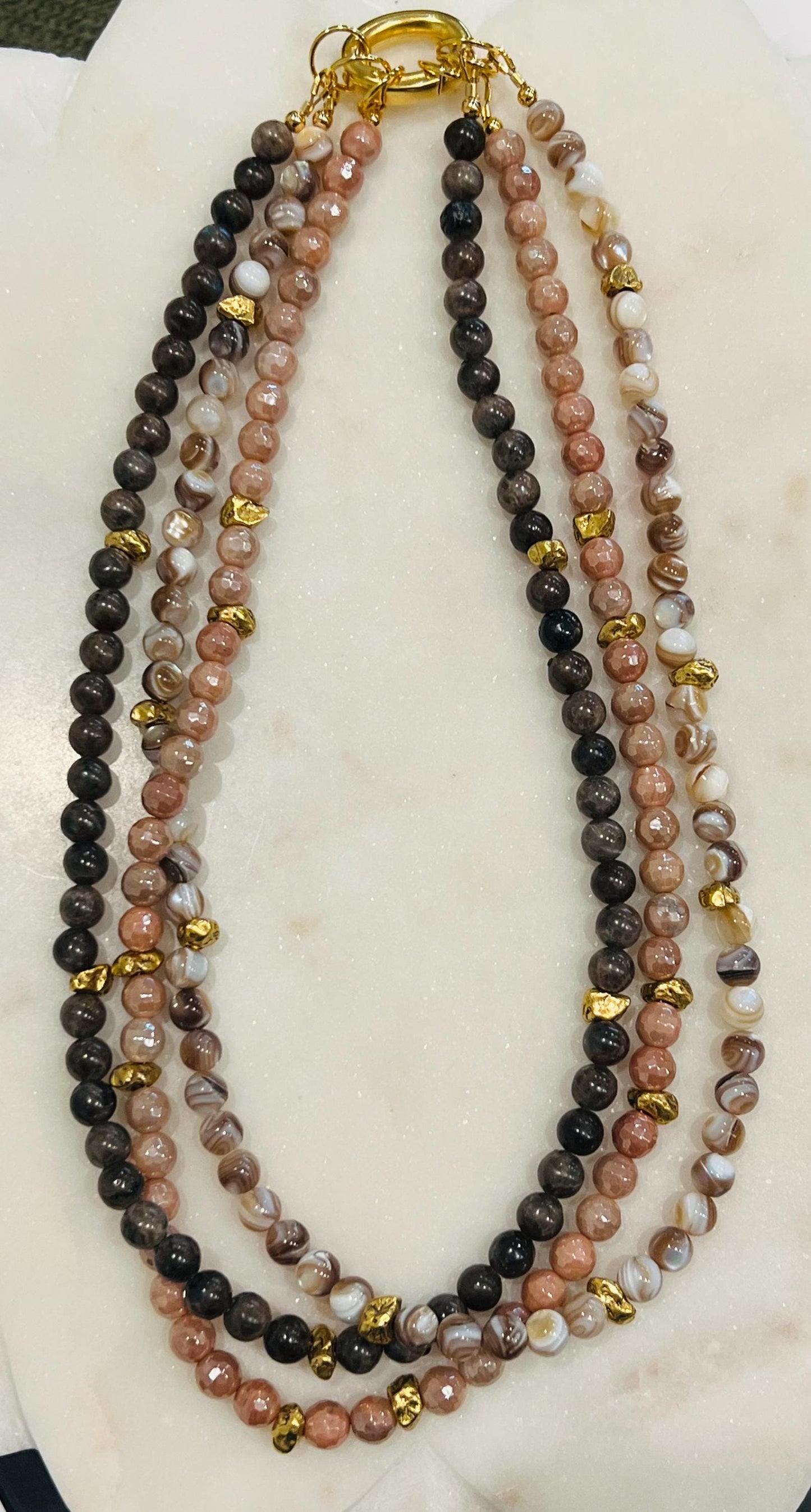 Mystic Moonstone, Bronzite, and Mother of Pearl Beaded 3 Strand Necklace