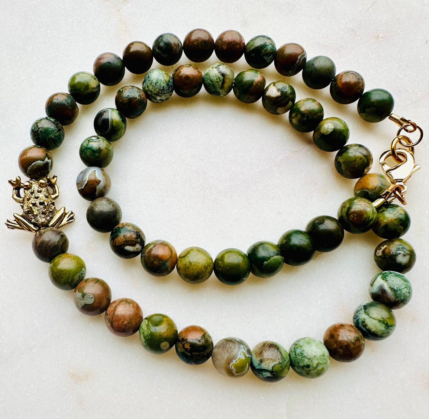 Rhyolite Jasper Gold Frog Beaded Necklace