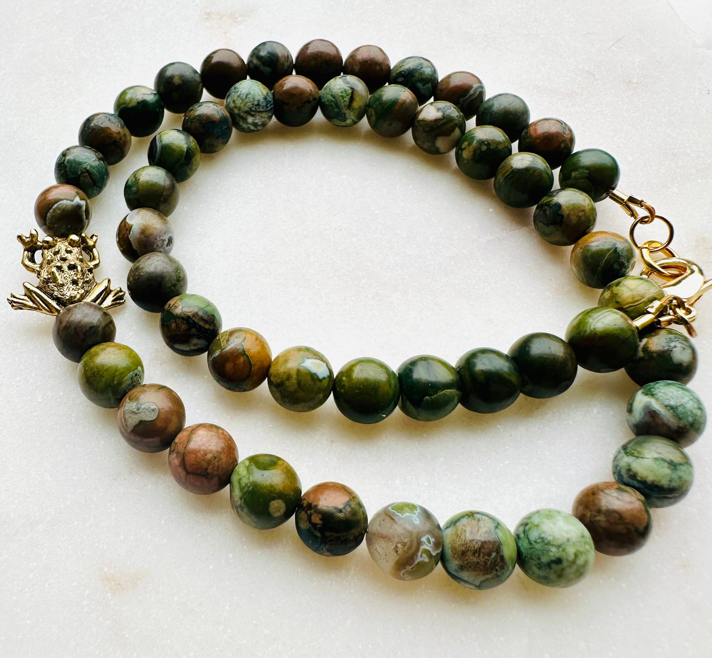 Rhyolite Jasper Gold Frog Beaded Necklace