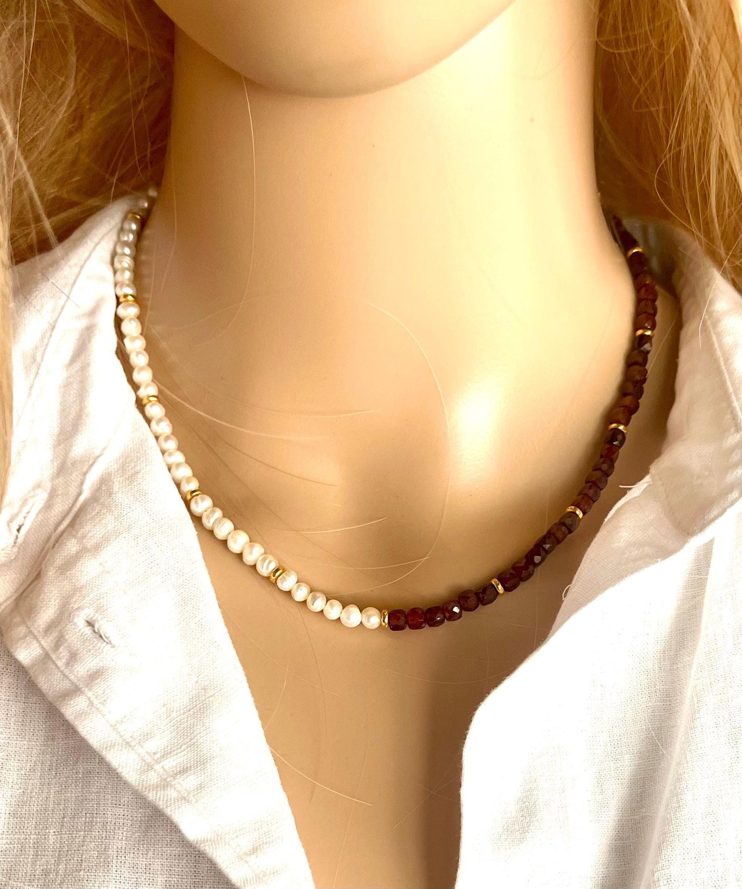 Pearl and Hessonite Beaded Necklace