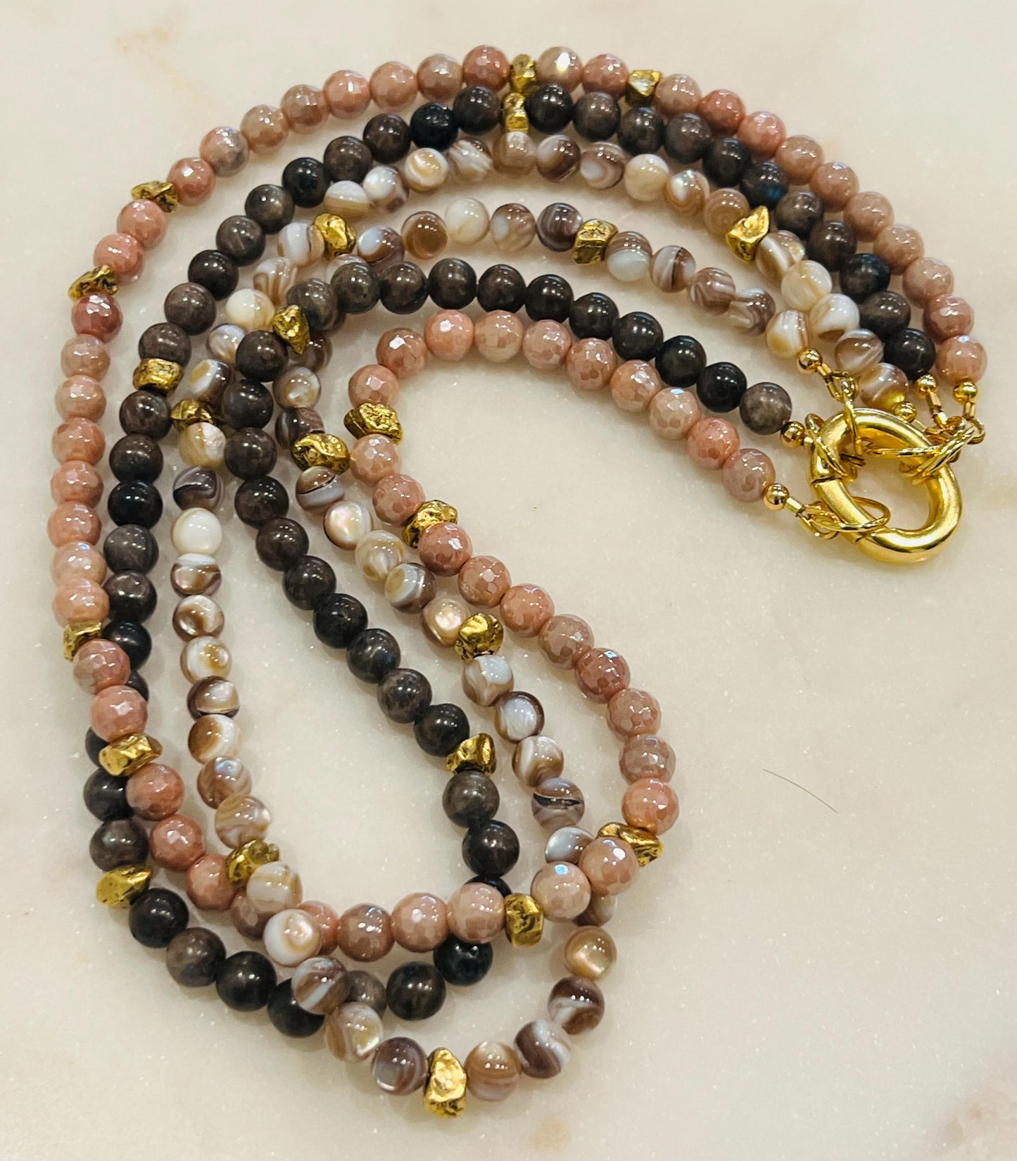 Mystic Moonstone, Bronzite, and Mother of Pearl Beaded 3 Strand Necklace
