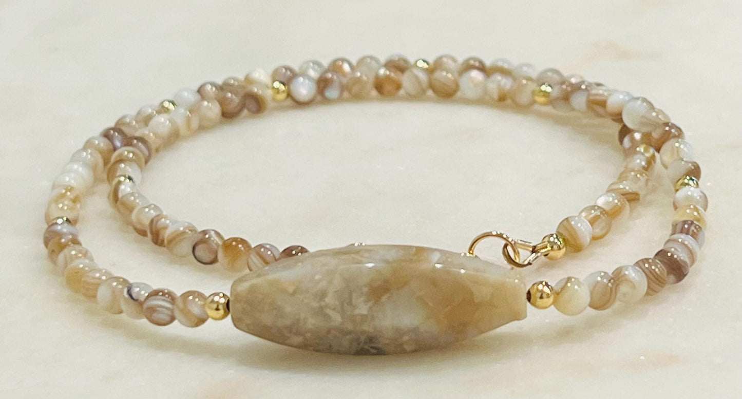 Mother of Pearl Beaded Necklace Pietersite Pendant