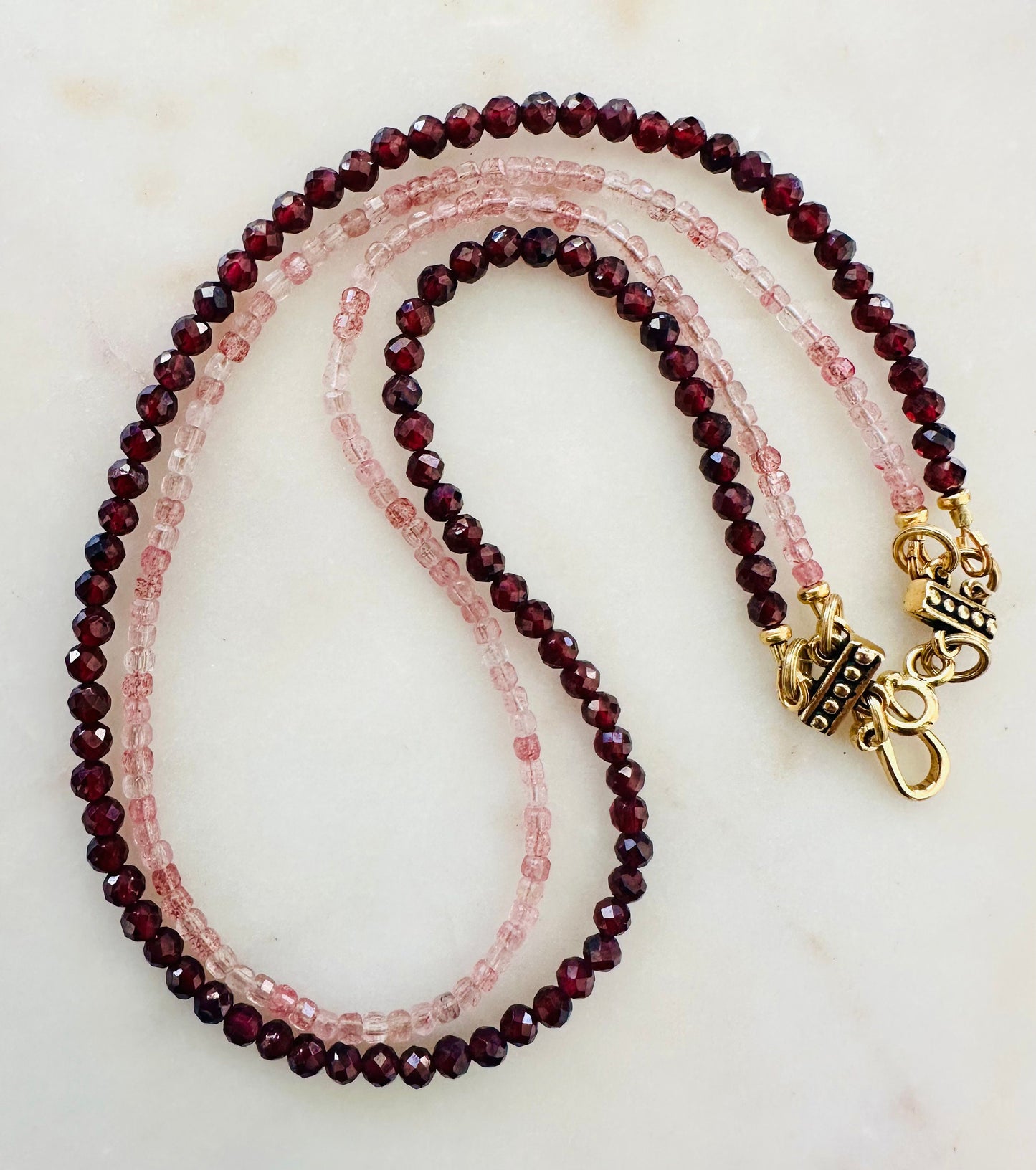 Garnet Pink Quartz Double Strand Beaded Necklace